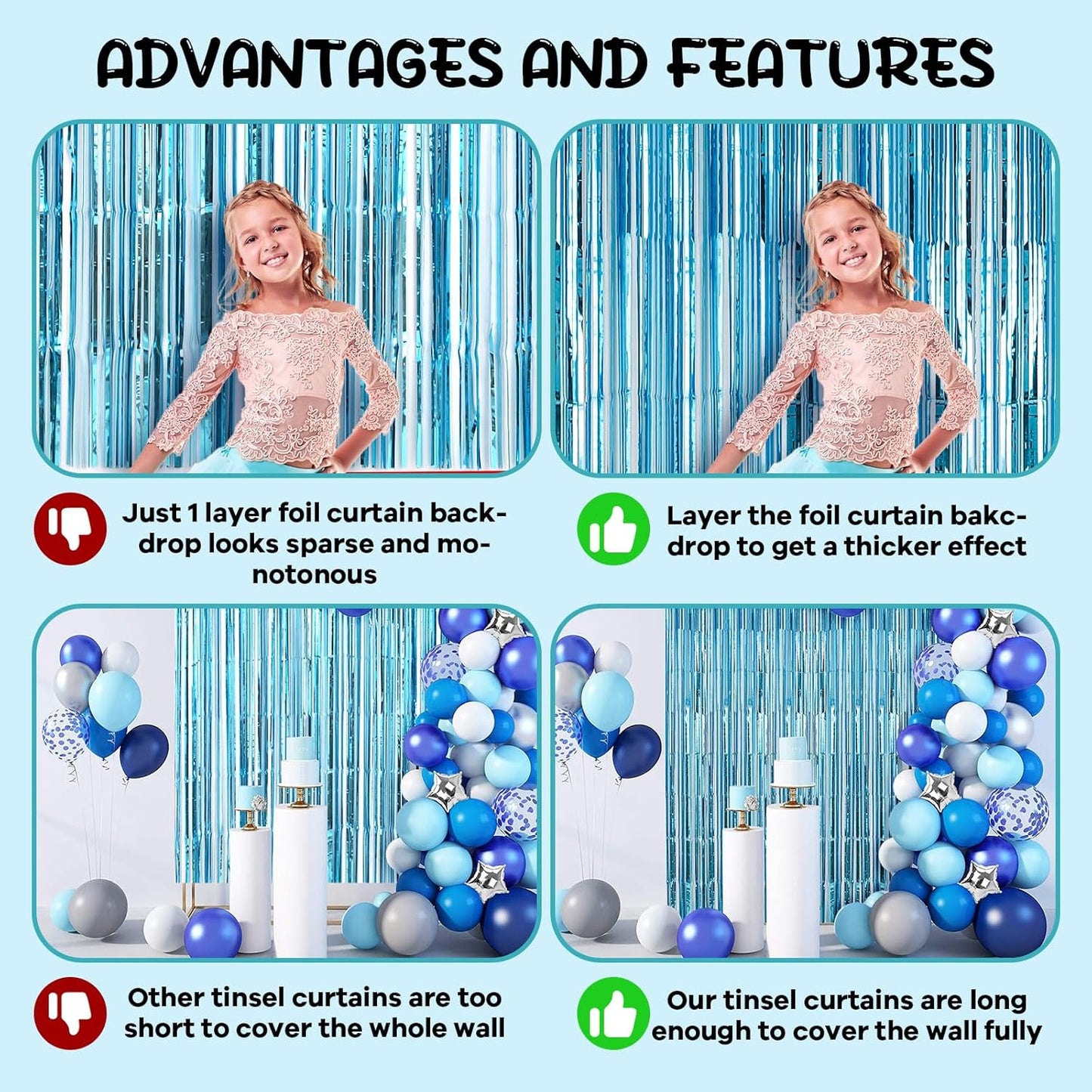 2 Pack 3.3x8.2 Feet Light Blue Foil Fringe Backdrop Curtains, Tinsel Streamers Birthday Party Decorations, Fringe Backdrop for Graduation, Baby Shower, Gender Reveal, Disco Party