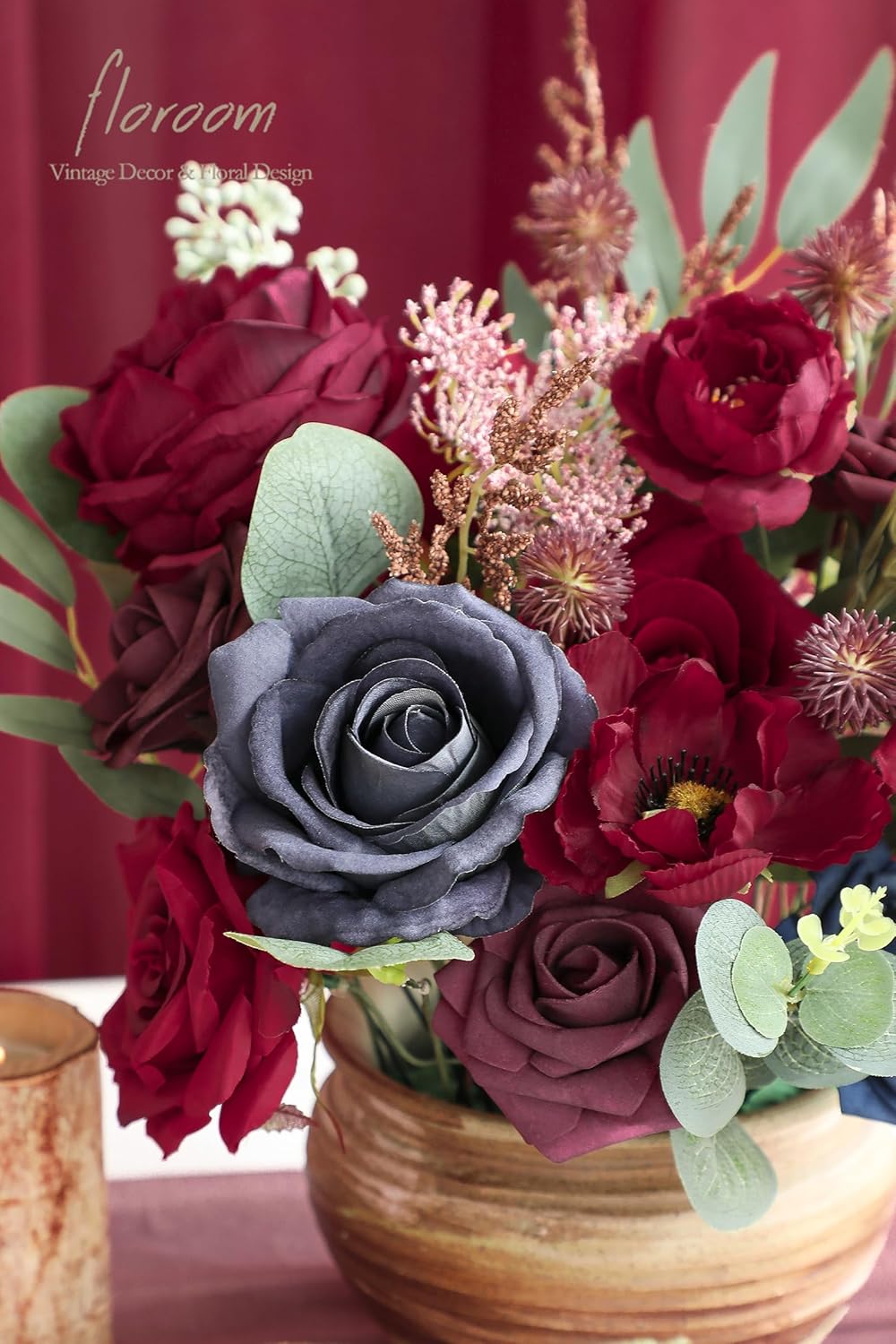 Floroom Burgundy Navy Blue Artificial Flowers Marsala Fake Roses Peonies Greenery Combo Box Set for DIY Dark Red Wedding Bouquets Bridal Shower Centerpieces Floral Arrangements Party Tables Decoration