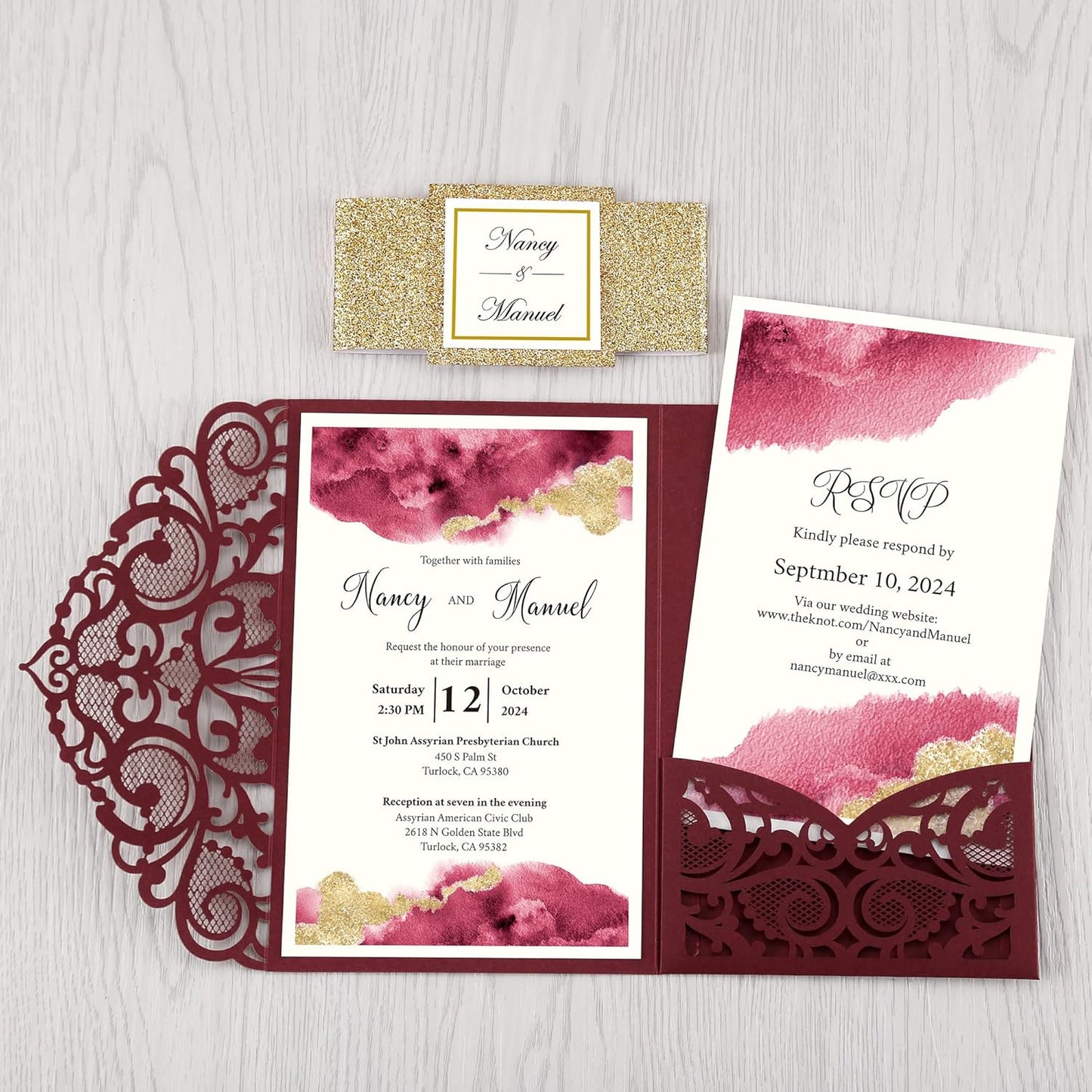 DORIS HOME 50PCS Laser Cut Wedding Invitations with Envelopes and RSVP Cards Personalized Inner With Gold Glitter Belly Band for Wedding Engagement Bridal Shower Party Invite 4.7x7 Inch Burgundy