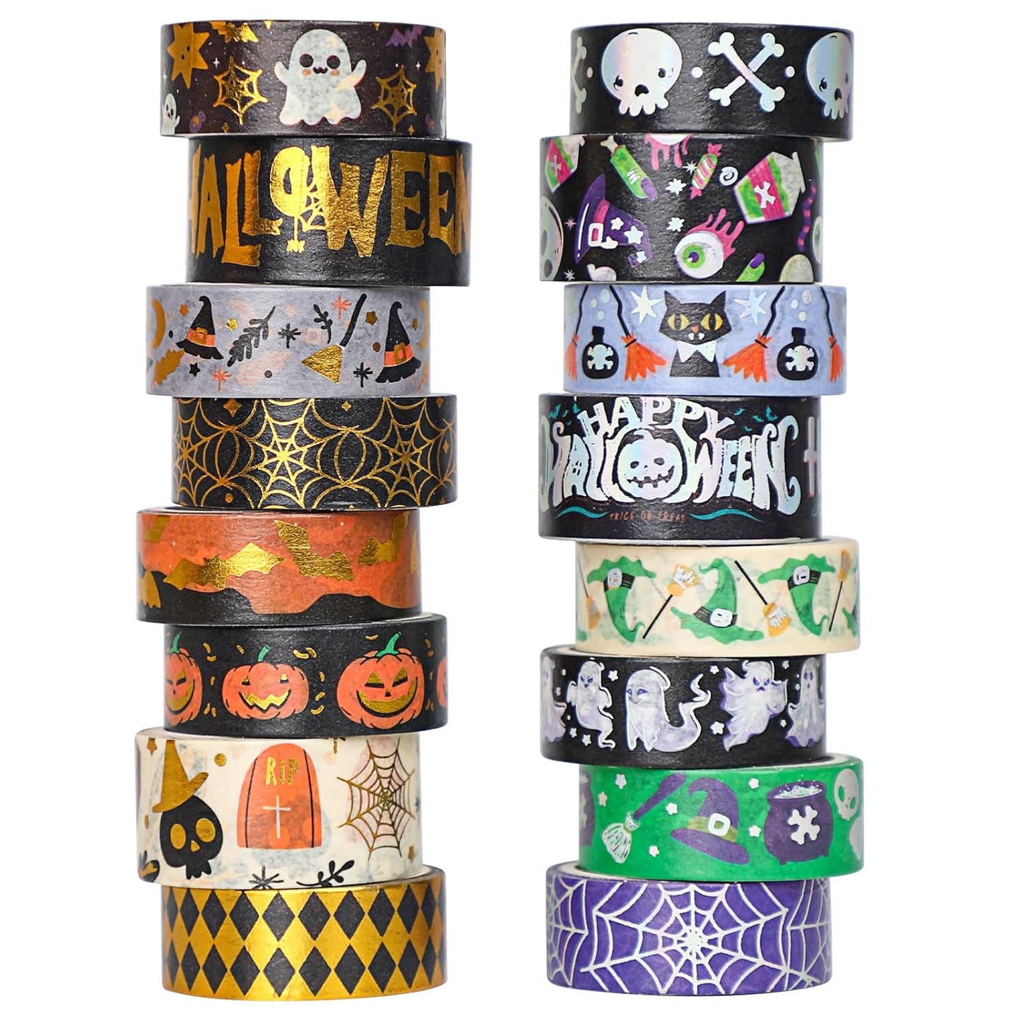 16 Rolls Halloween Washi Tape Holiday Masking Tape Stickers Glod Foil Decorative Tape for Scrapbook Journal DIY Craft Gift Wrapping（Halloween