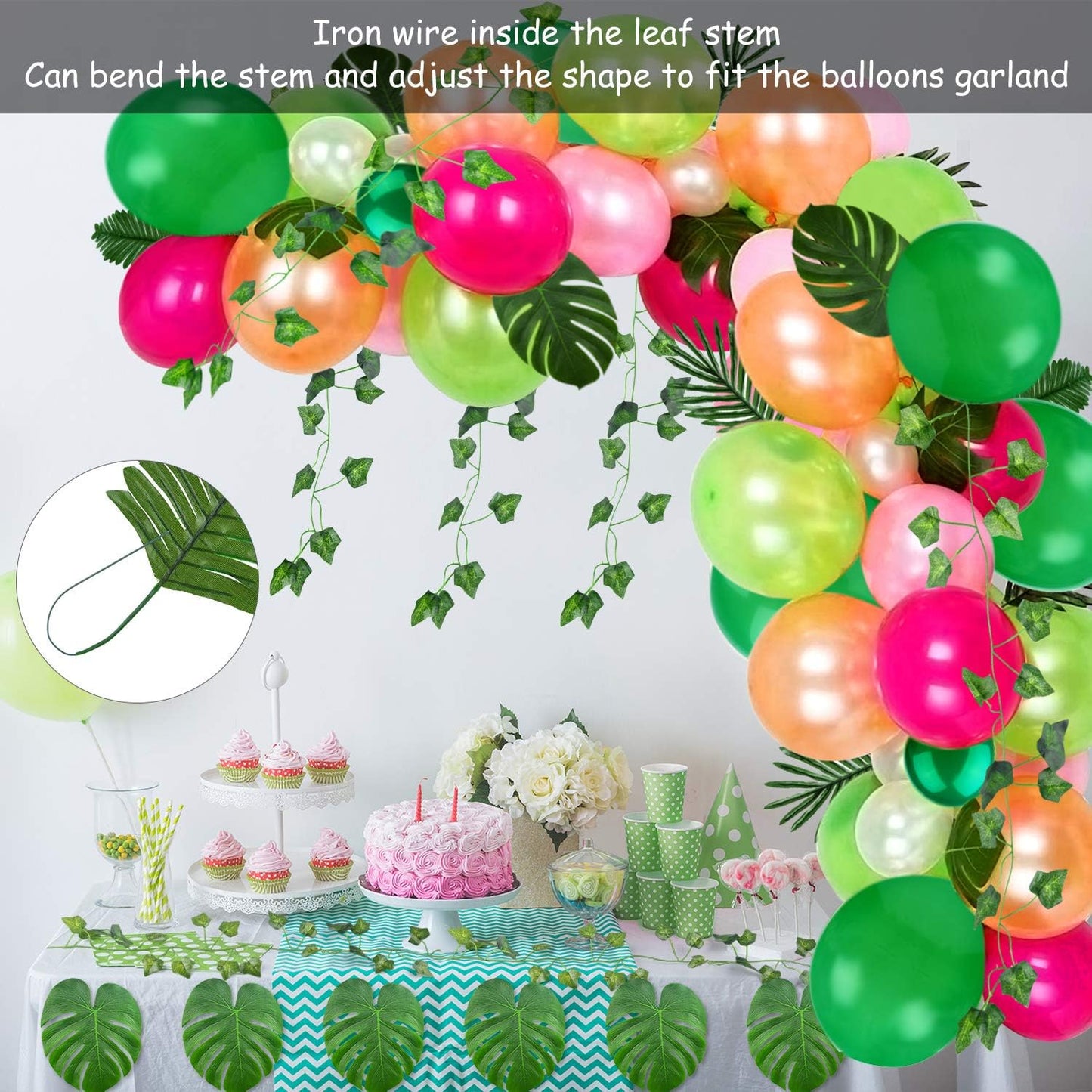 FEPITO 124Pcs Tropical Balloons Garland Kit - Pink Green Balloon Arch With Palm Leaves, Tape Strip, Dot Glue and Tying Tool for Party Decor, Birthday Supplies