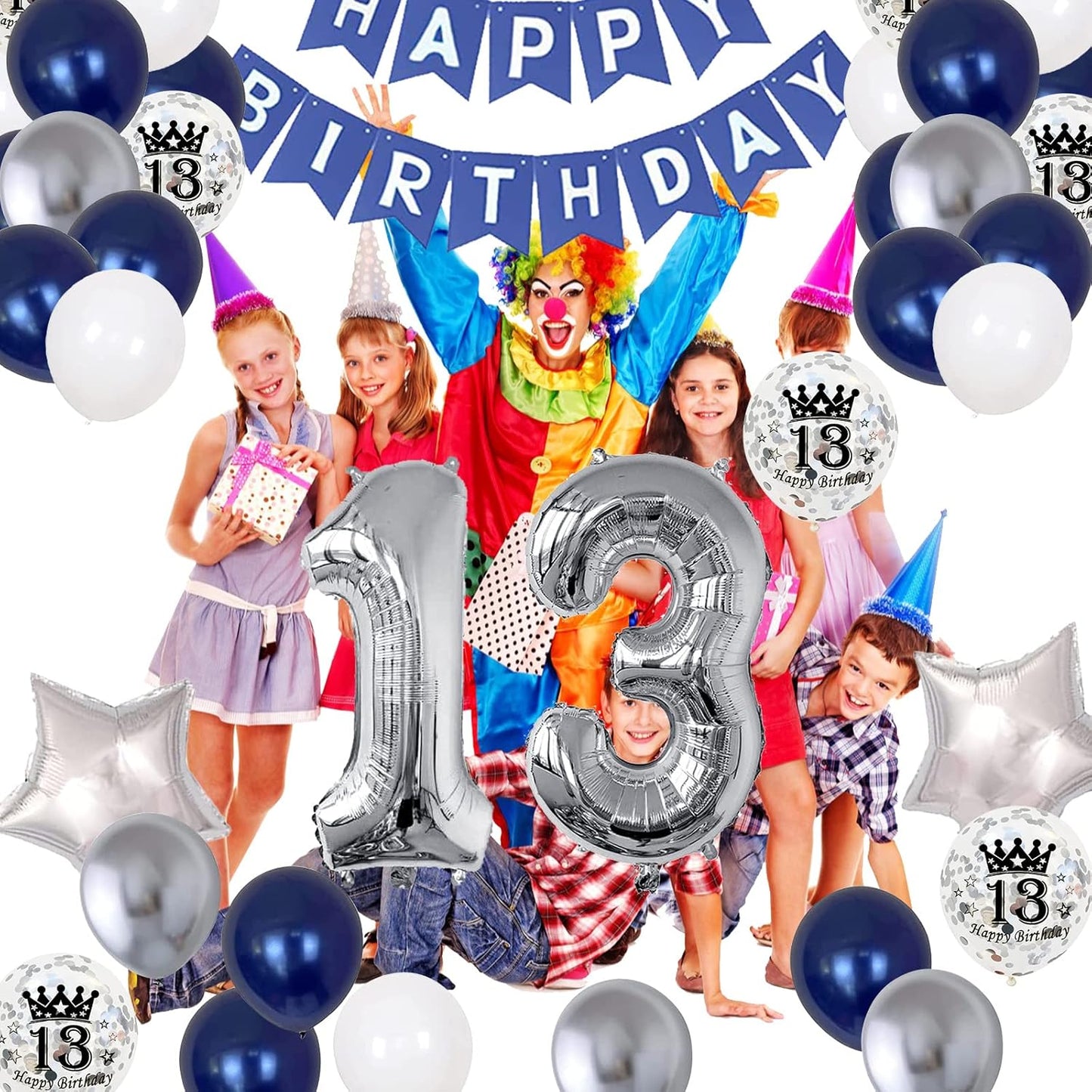 13th Birthday Decorations for Boys Girls, 13th Birthday Party Supplies with HAPPY BIRTHDAY Banner and Number 13 Balloons, Silver Navy Blue Theme Party for Teenager Kid 13 Years Old Birthday Decoration