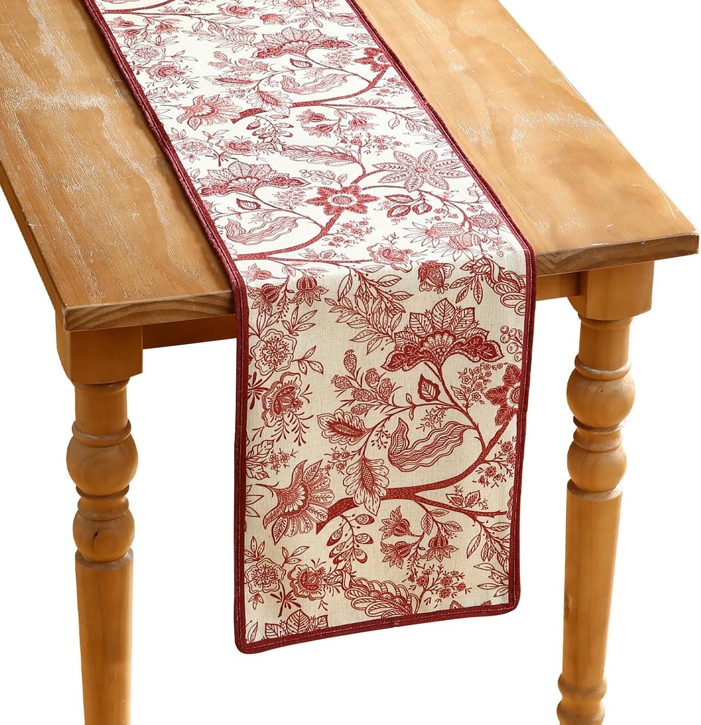 ISAENNE Designer Chinoiserie Elegant Linen Extra Long Table Runner 118 Inches,Red Floral Pattern Decor Table Runners for Thanksgiving,Dining Room,Banquet,Kitchen Tables,Christmas,12"*118"-Ruyi A