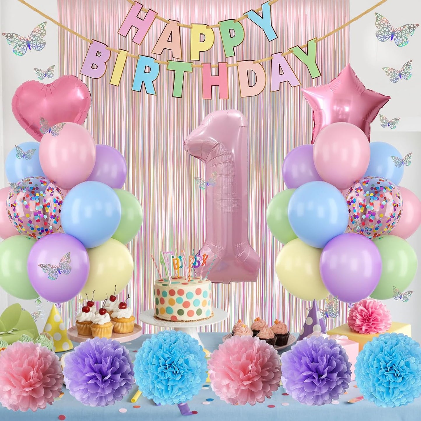 Pastel 1st Birthday Party Decorations for Girls Number 1 Balloon Happy Birthday Banner Butterfly Stickers Fringe Curtain Paper Pom Poms Macaron Pink Star Foil Colorful Balloons Baby 1 Year Old Decor