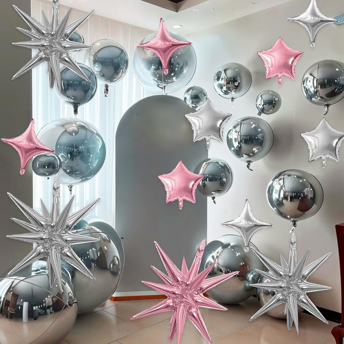 Pink Silver Star Balloon,16Pcs Star Foil Balloons Set with 22Inch Explosion Spike Cone Balloons and 10Inch Quadrangle Helium Balloon for Birthday Wedding Baby Shower Party Decorations