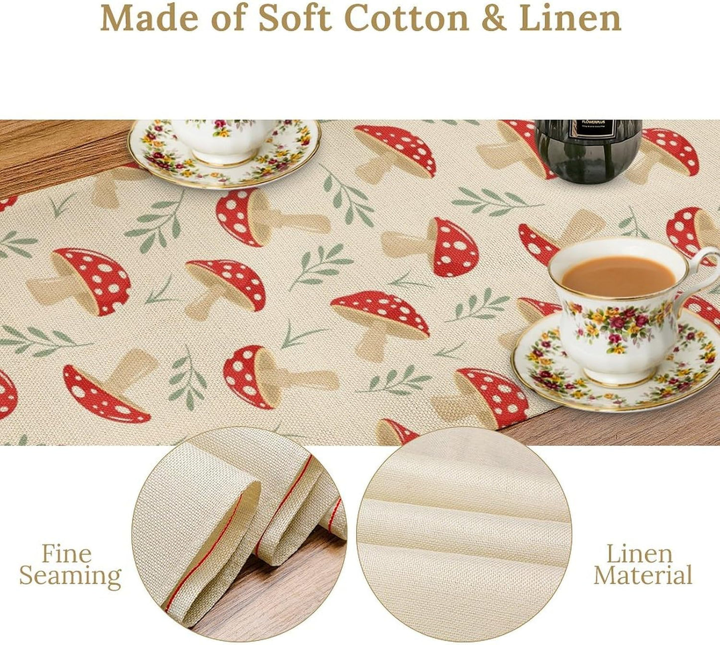 Mushroom Table Runner,Vintage Plant Print Table Runner for Kitchen Dining Table Home Party Decoration 13x90 Inch