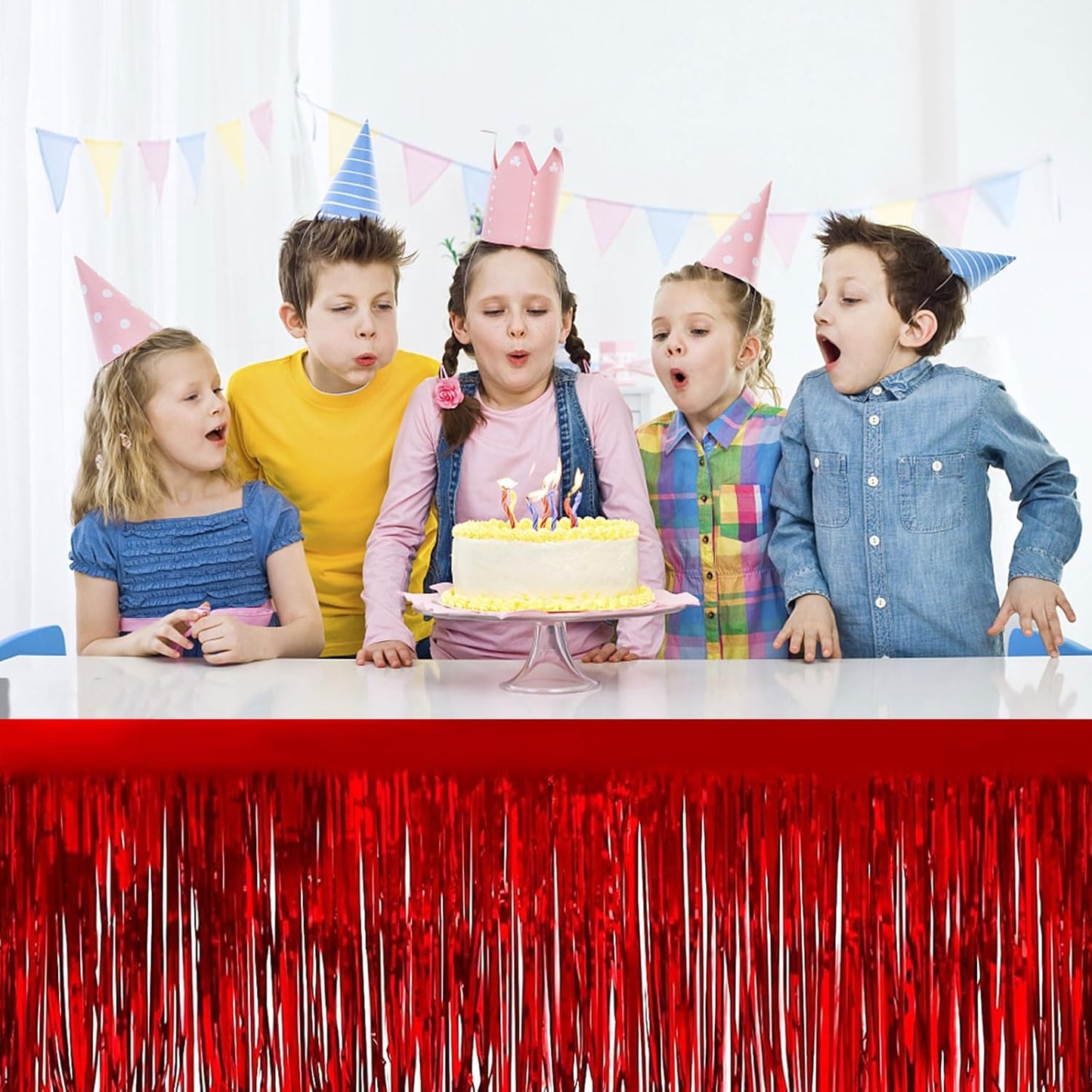 4 Pack Metallic Foil Fringe Tinsel Table Skirts,29x108 Inch Party Disposable Table Skirt Banner for Hotel Banquet Parade Floats Mardi Gras Holiday Birthday Wedding New Year Party Decoration(Red)