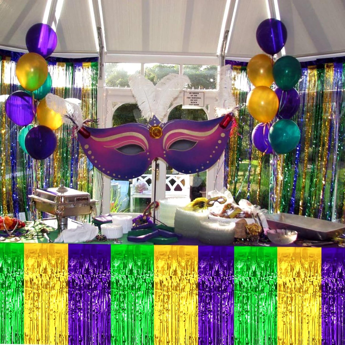 4 Pack 29x108 Inch Mardi Gras Metallic Foil Fringe Tinsel Table Skirts for Rectangle Tables Streamer Backdrop for Wedding, Birthday, Parade Floats, Valentine's Day Party Decoration(Gold Green Purple)