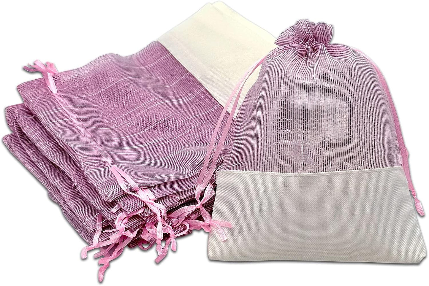 TheDisplayGuys For Your Modern Living 24-Pack Linen & Pink Organza Gift Bags with Drawstrings (Medium 5 x 7 1/4) - Party Favors, Samples, Treats Mesh Pouches