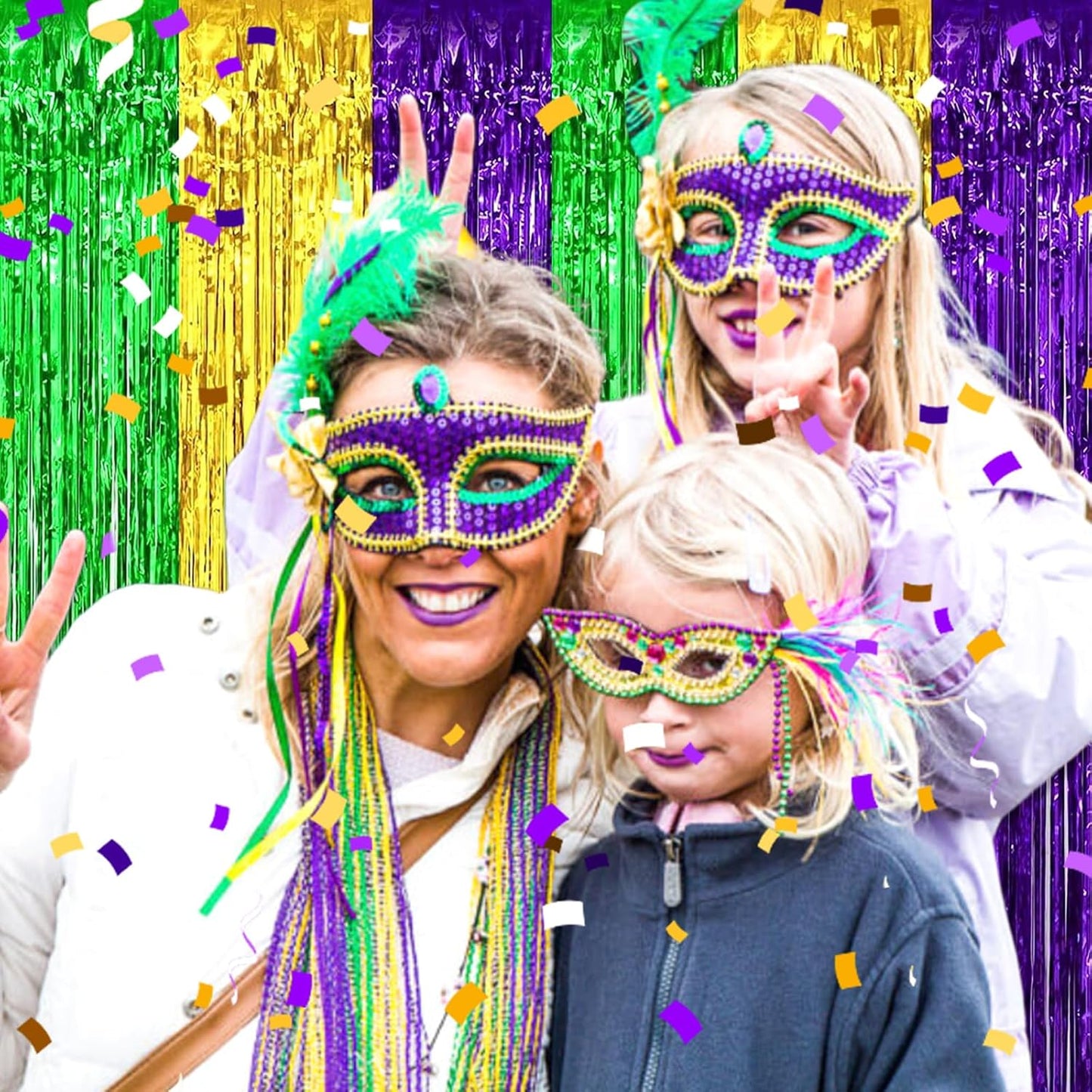 3 Pack Gold Green Purple Foil Fringe Curtain Backdrop, 3.28Ft x 8.2Ft Metallic Tinsel Foil Fringe Streamer Curtains for Photo Booth, Mother's Day, Easter, Birthday, Wedding Party Decorations