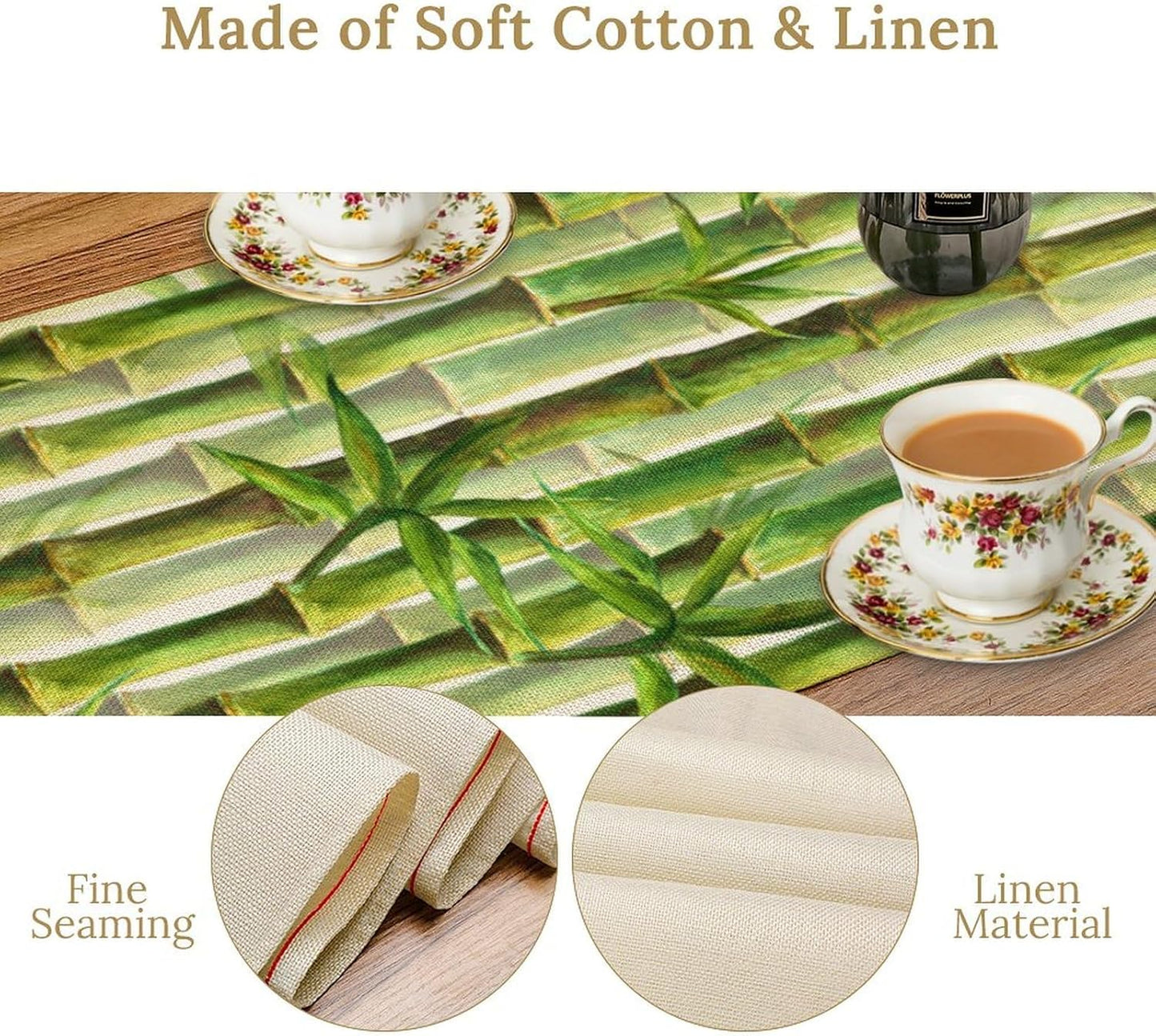 Bamboo Table Runner,Green Plant Print Table Runner for Kitchen Dining Table Home Party Decoration 13x120 Inch