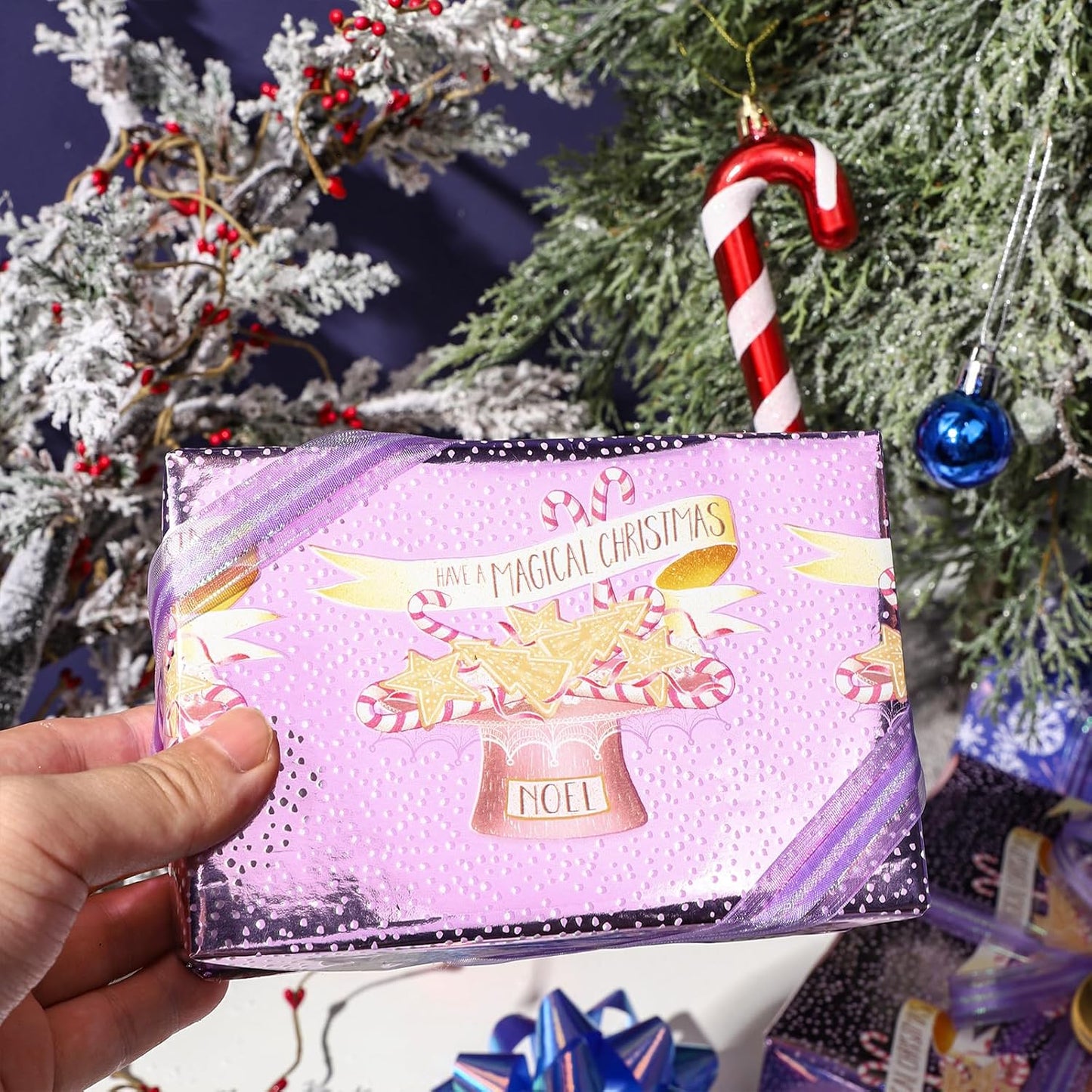 LeZakaa Christmas Purple Wrapping Paper Mini Roll, Have a Magical Christmas Cake Stand, Snowflake in Purple, Metallic Foil, Reversible Design for Winter Holiday Family Gathering, 17 inches x 32.8 Feet