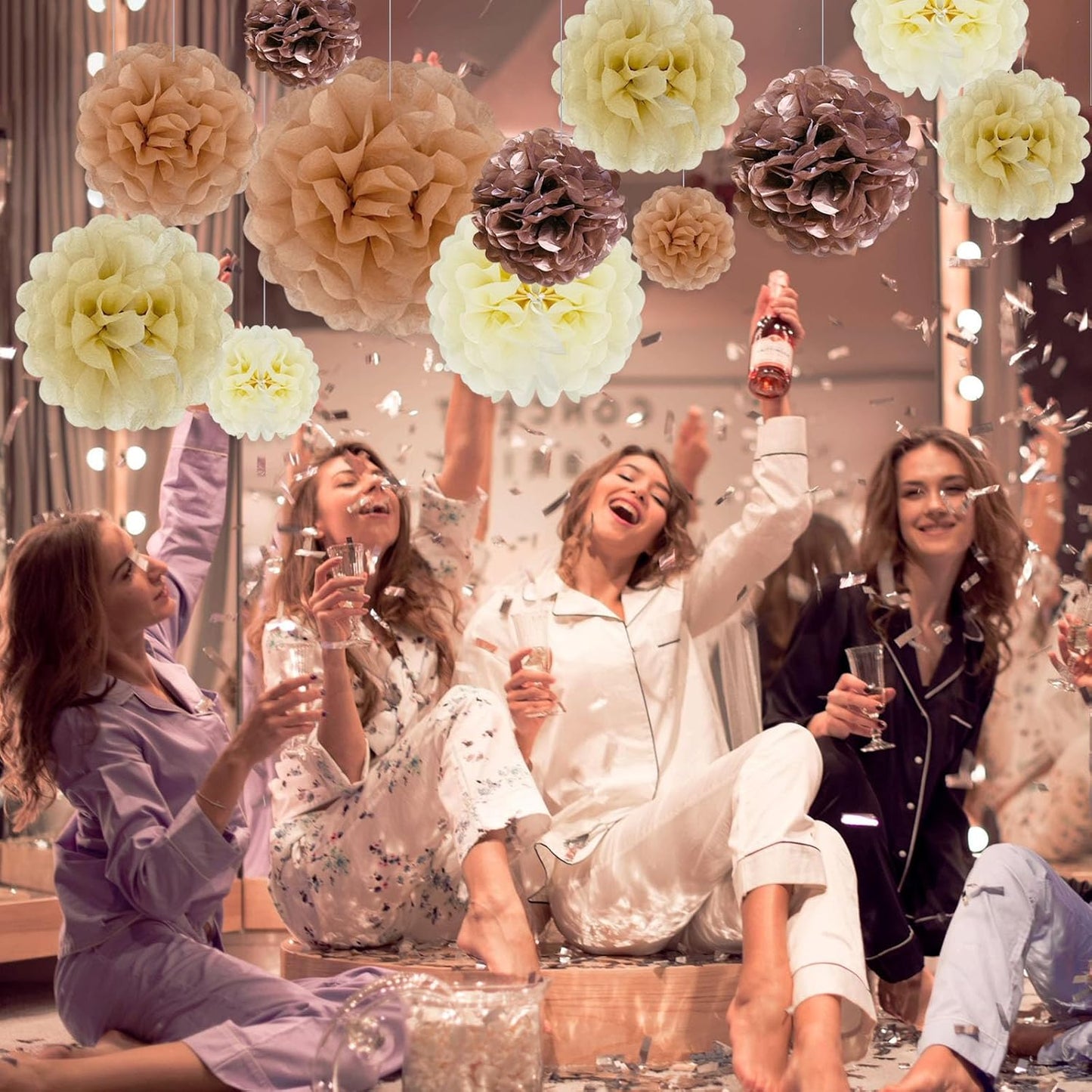 Tissue Paper Pom Poms, Ivory Khaki Rose Gold Nude Pink Tissue Paper Flowers, Hanging Flower Balls for Weddings Fiesta Parties Birthday Baby Showers Classroom Decoration (20Piece Set-6/10/12/14Inch)