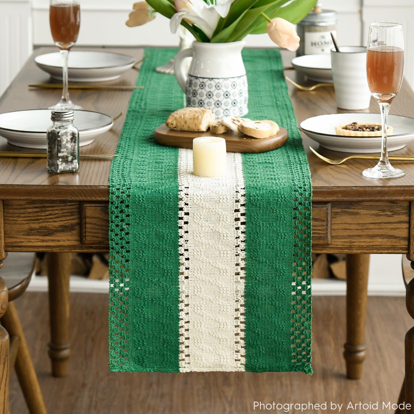 Artoid Mode Dark Green Farmhouse Rustic Table Runner, Seasonal Hollow Kitchen Dining Table Decoration for Home Party Decor 12x72 Inch