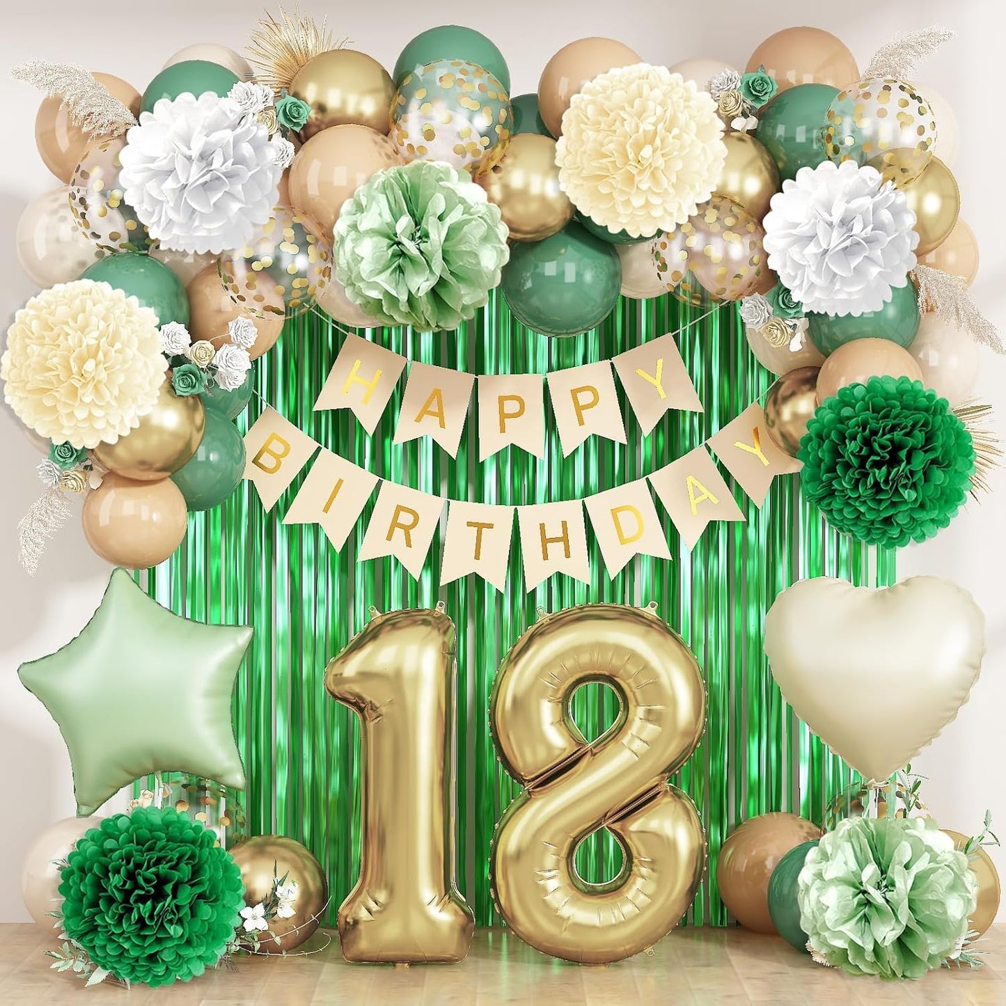 Sage Green 18th Birthday Decorations for Boys Girls Gold Number 18 Balloon Nude Gold Happy Birthday Banner Fringe Curtain Paper Pom Poms Olive Green Cream White Sand Star Foil Balloons Party Decor