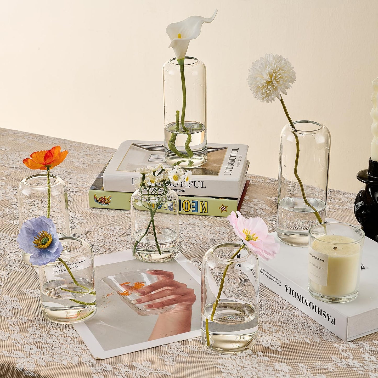 Glass Bud Vases Set of 6 Clear Flower Vase for Centerpieces Shelf, 3.9'' 4.9'' 6.7'' Modern Small Vases for Living Room Bedroom Office Home, Decor for Wedding House Warming Party