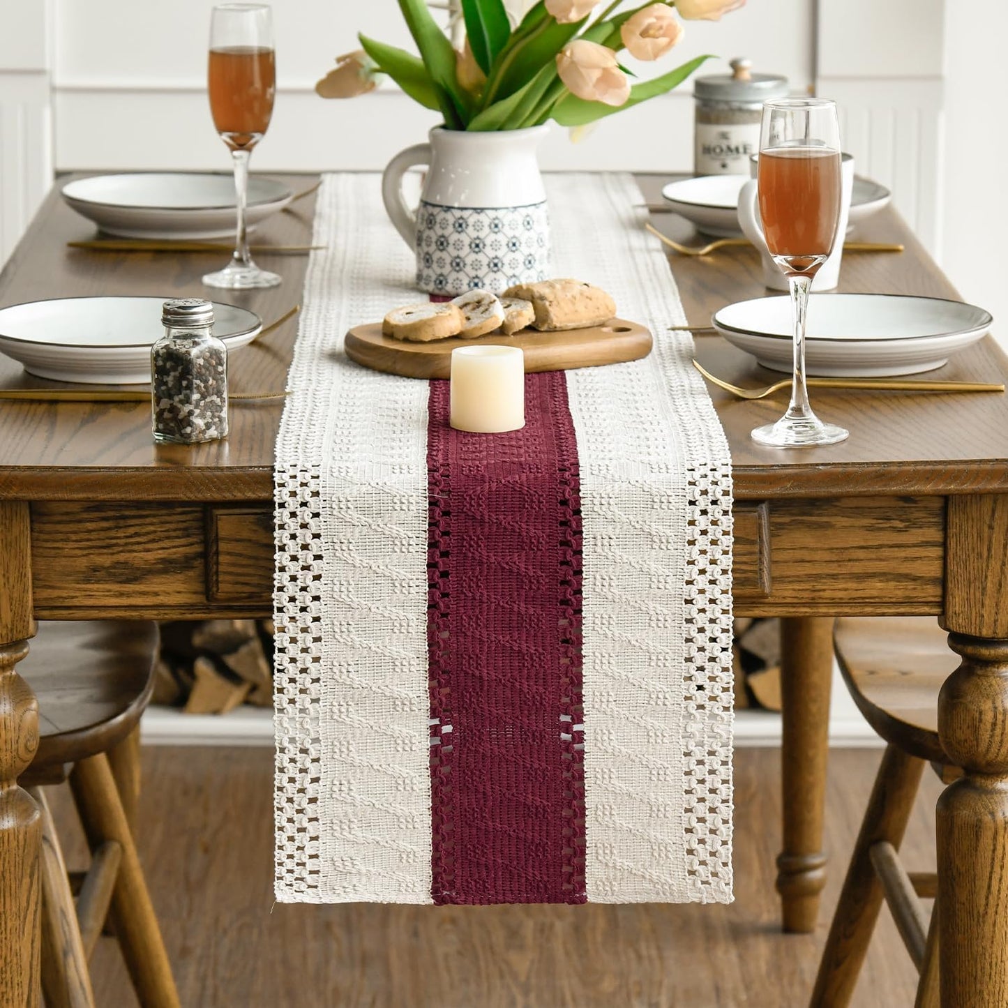 Artoid Mode Red Farmhouse Rustic Table Runner, Seasonal Holiday Hollow Kitchen Dining Table Decoration for Home Party Decor 12x90 Inch