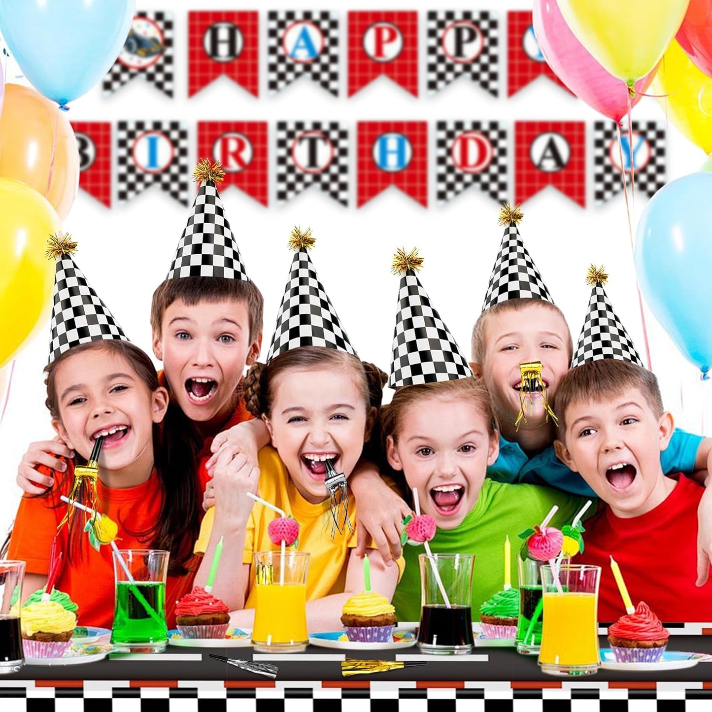 48 Race Car Birthday Party Hats Race Car Party Supplies Include Black White Checkered Cone Hats Gold Noise Makers