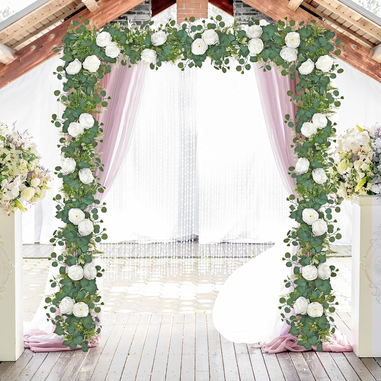 2PCS Artificial Eucalyptus Flowers Garland with White Roses 6.23FT Floral Garland Fake Peony Rose Vines Decorative Wall Hanging Plant for Wedding Party Arch Table Wall Backdrop Decor