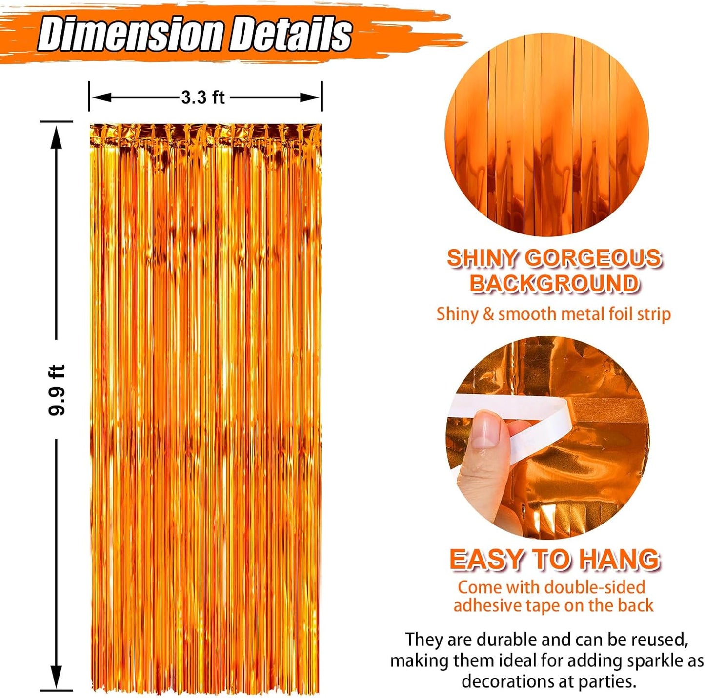 Crosize 3 Pack 3.3 x 9.9 ft Orange Foil Fringe Glitter Curtains Party Decorations, Tinsel Backdrop for Parties, Door Streamers for Birthday, Photo Booth Backdrops, Party Decor