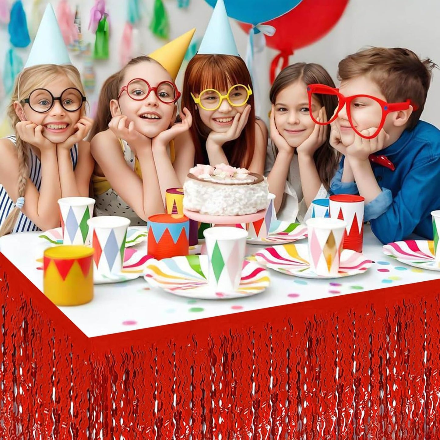 6 Pack 29x108 Inch Red Wave Foil Fringe Table Skirts Metallic Banner for Tinsel Streamer Garland Backdrop for Parade Floats Wedding, Mother's Day, Birthday Mardi Gras Party Decorations