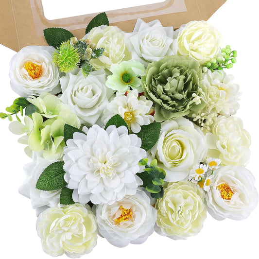 AmyHomie Green White Artificial Flowers Combo Silk Mix Peony Rose Fake Flowers w/Stem for DIY Wedding Bouquets Centerpieces Arrangements Table Fall Decor Party Bridal Baby Shower Home Decorations