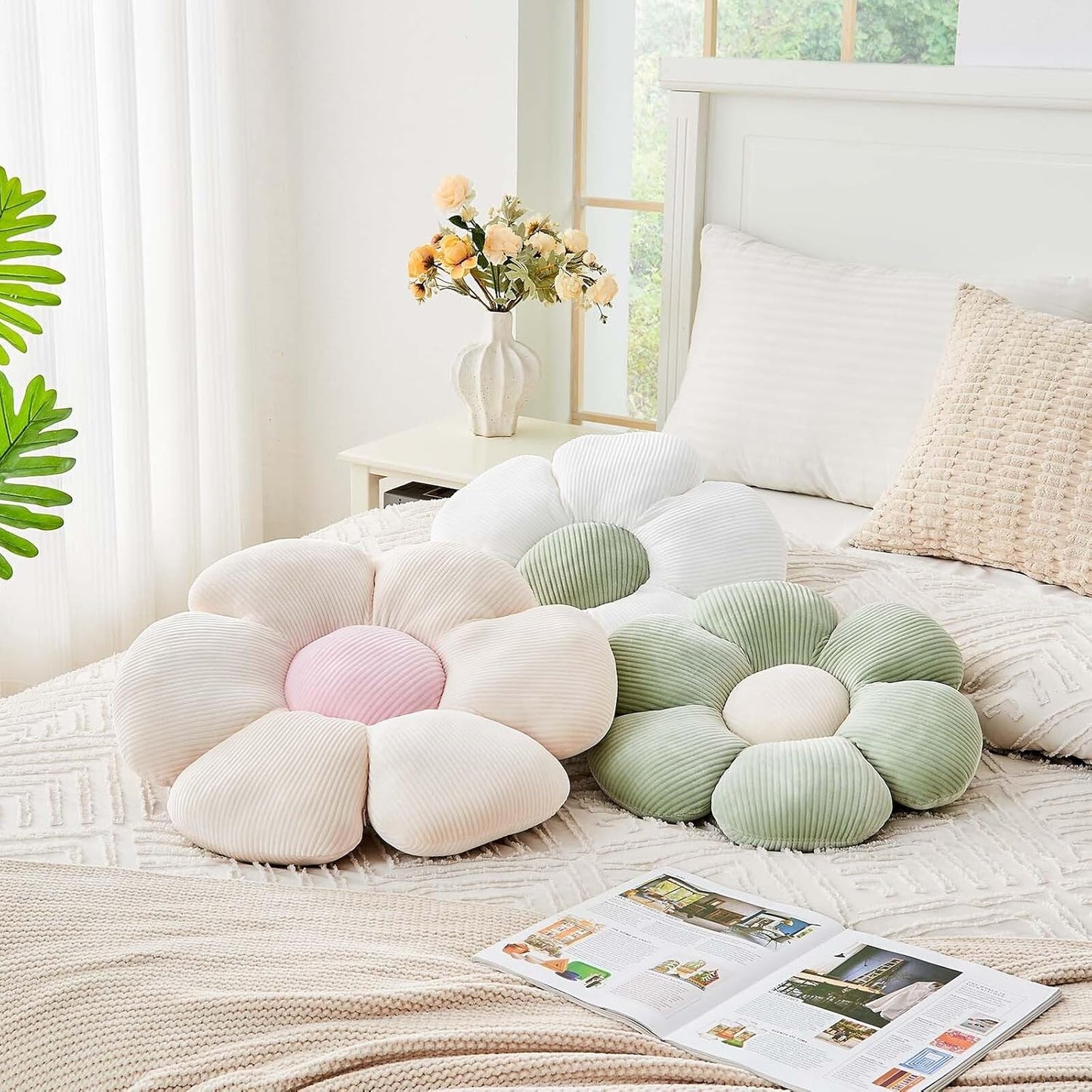 Sage Green Flower Pillow, 14.9" Cute Flower Shaped Floor Pillow, Aesthetic Floral Plush Daisy Decorative Throw Pillows for Bed Sofa Couch