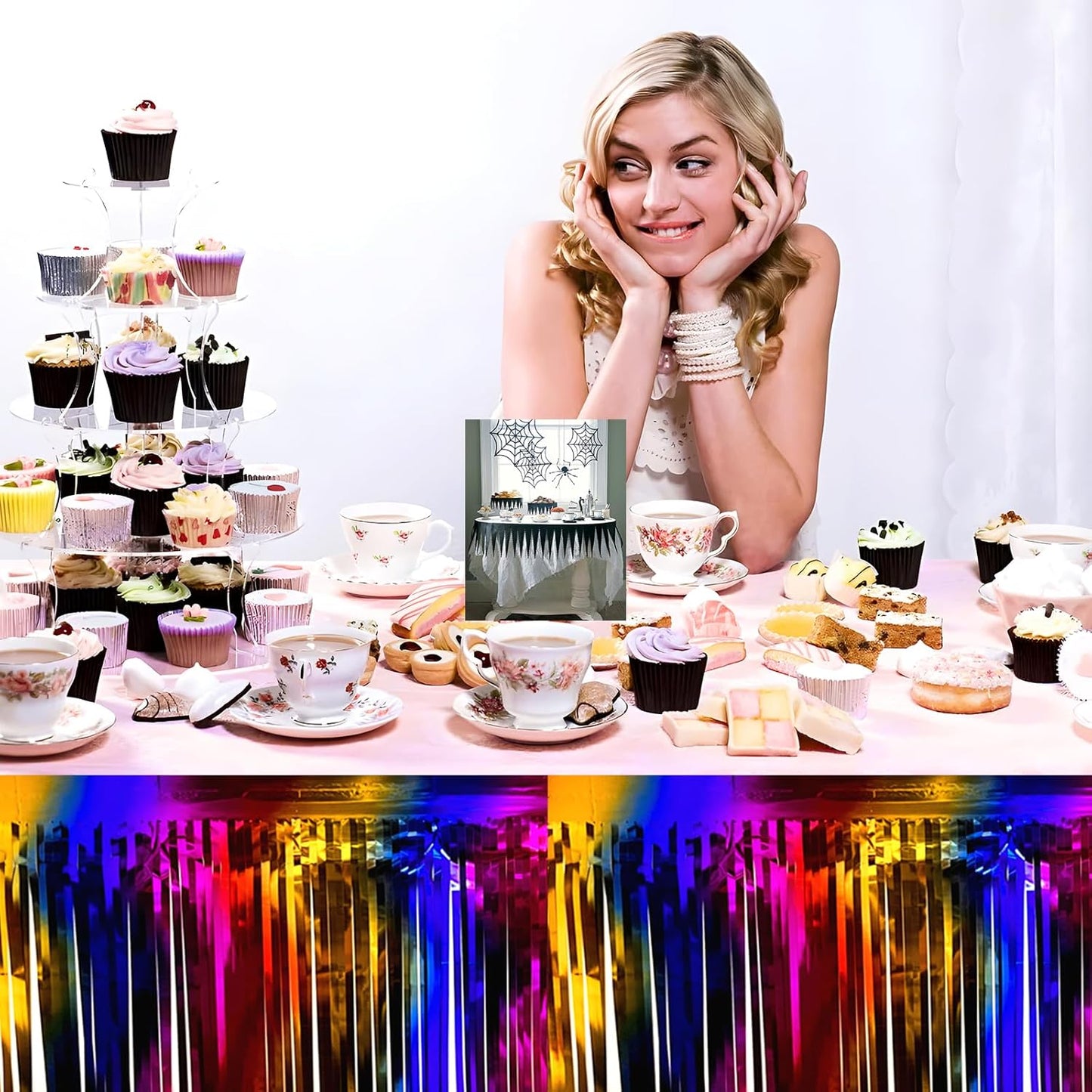 3 Pack 29x108 Inch Rainbow Foil Fringe Table Skirts Metallic Banner for Tinsel Streamer Garland Backdrop for Parade Floats Wedding Thanksgiving Birthday Christmas Halloween Party Decoration