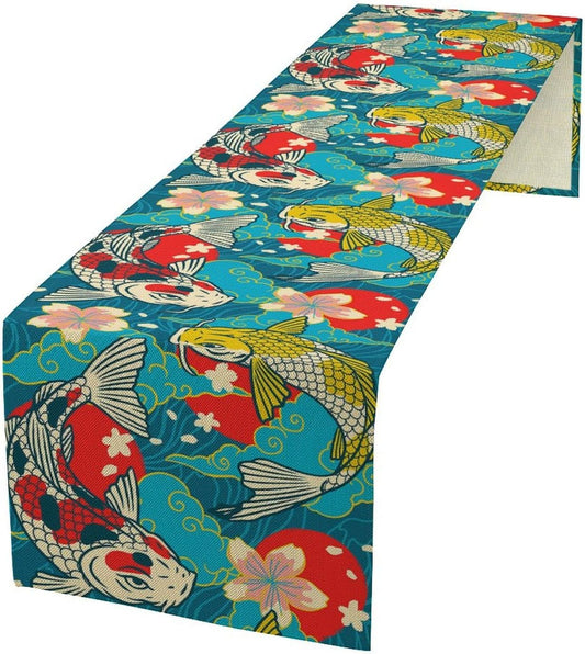 Japanese Kio Fish Table Runner Oriental Tradition Cherry Art Printed Burlap Runner Home Kitchen Dining Table Living Room Decor Fabric 1 Panel W13xL60in