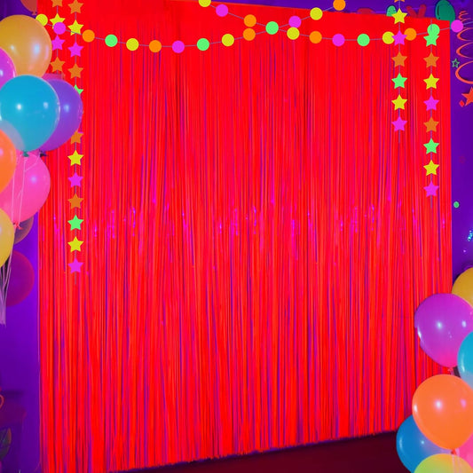 4 Packs Glow in The Dark Foil Fringe Curtain, Macaron Orange Blacklight Reactive Fluorescent Tinsel Backdrop Neon Luminous Streamers for Birthday, Wedding, Neon Party, Glow Party Decorations Supplies