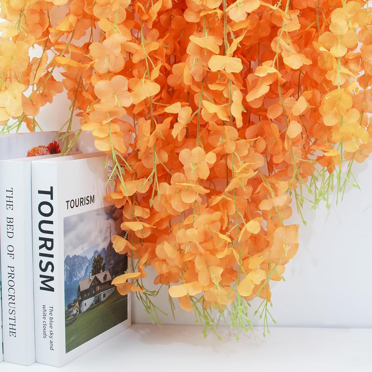 12 Pack Wisteria Hanging Artificial Fall Flowers Fake Flowers Ratta Hanging Garland Silk Flowers String for Home Garden Party Wedding Backdrop Arch Decor (Orange)