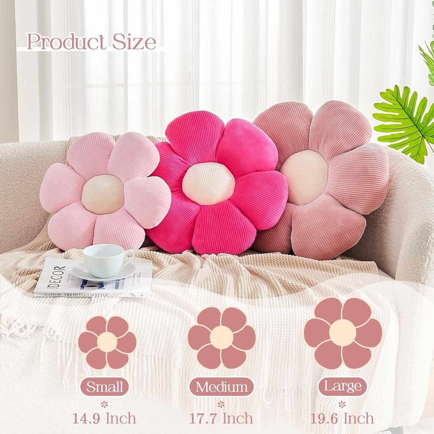 Hot Pink Flower Pillow, 17.7" Cute Flower Shaped Floor Pillow, Aesthetic Floral Plush Daisy Decorative Throw Pillows for Bed Sofa Couch