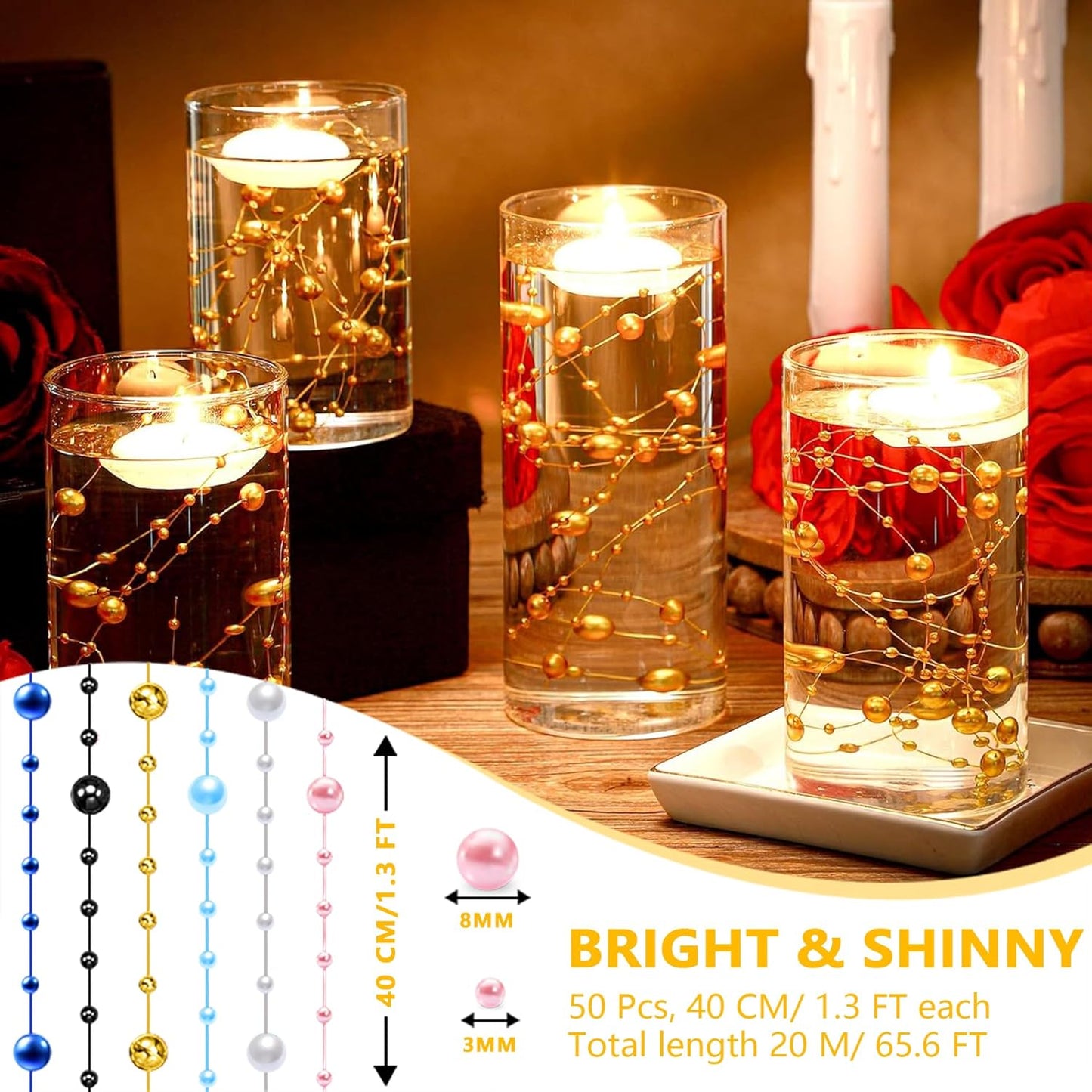 50 PCS Artificial Floating Beads for Centerpieces Vases, White 8+3mm String Beads for Wedding Party Faux Pearl String for Decorating, String Pearls for Crafts Vase Filler