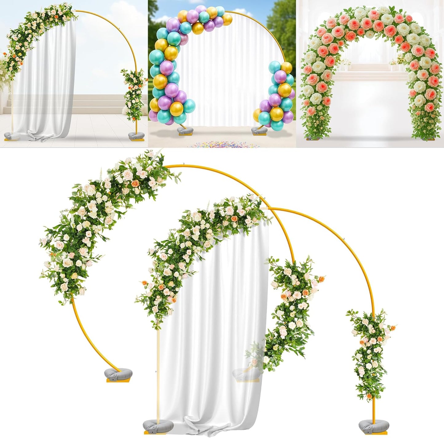 VerdeVista Convertible 6.5 FT Round Backdrop Stand - Heavy Duty Balloon Arch Stand with 2 Waterbags - Multiuse Photo Backdrop Arch, Gold Circle Ring Balloon Arch Frame for Wedding Baby Shower & More