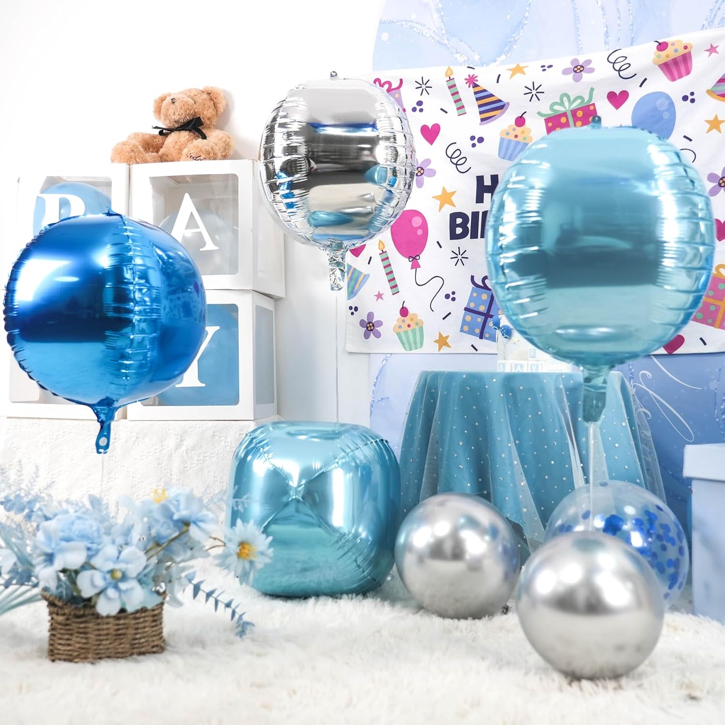 Giant 4D Foil Balloons, 6Pcs Large Metallic Light Blue Royal Silver Round Balloons, 22 Inch Big Round Foil Balloon for Red Birthday Party Baby Shower Wedding Decorations