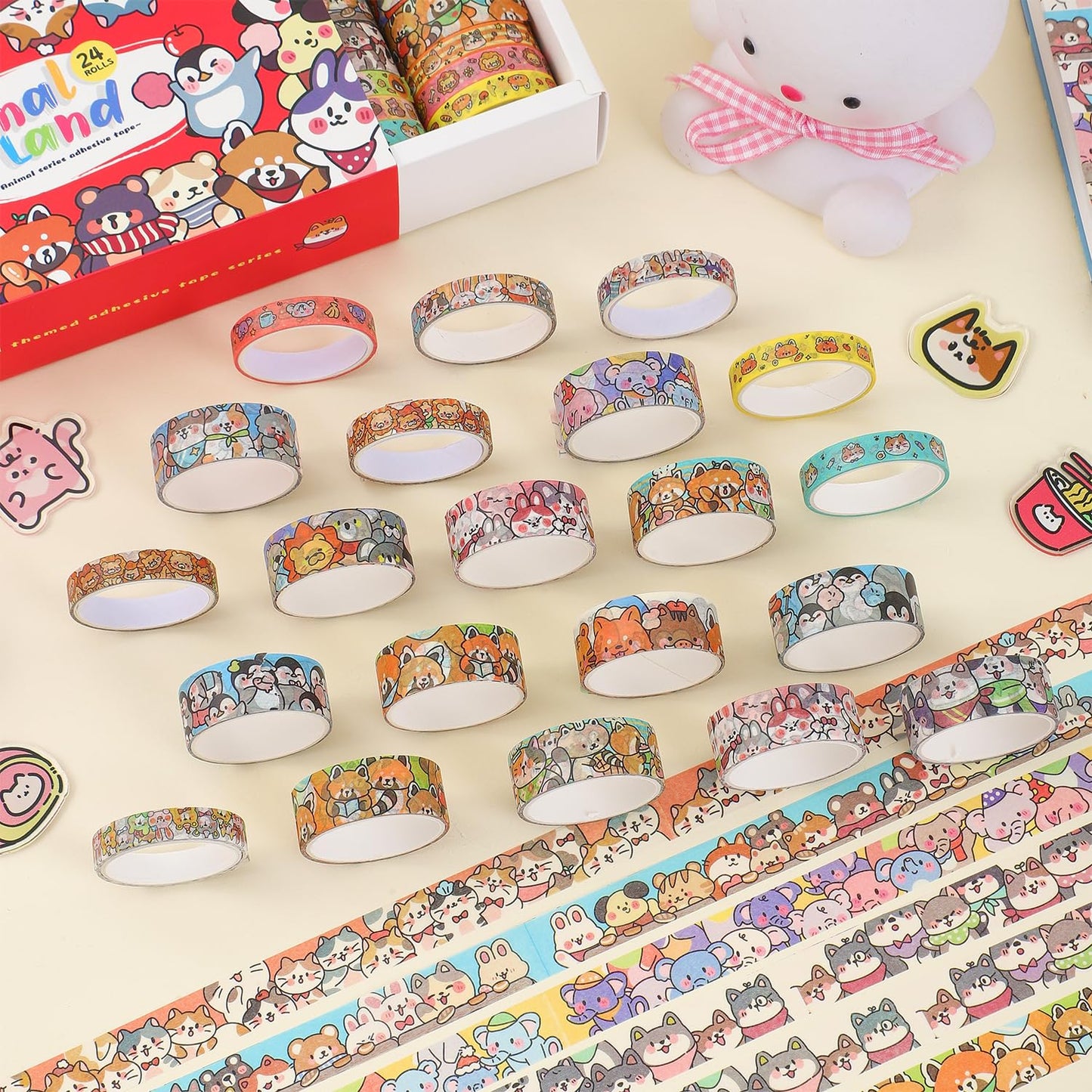 24 Rolls Colorful Cute Cartoon Animal Writable Washi Tape Set, Decorative Tapes for Scrapbooking and Journaling, Junk Journal Supplies, Bullet Journaling for Women Girl 8-15mm Wide 9.84ft Long/Roll