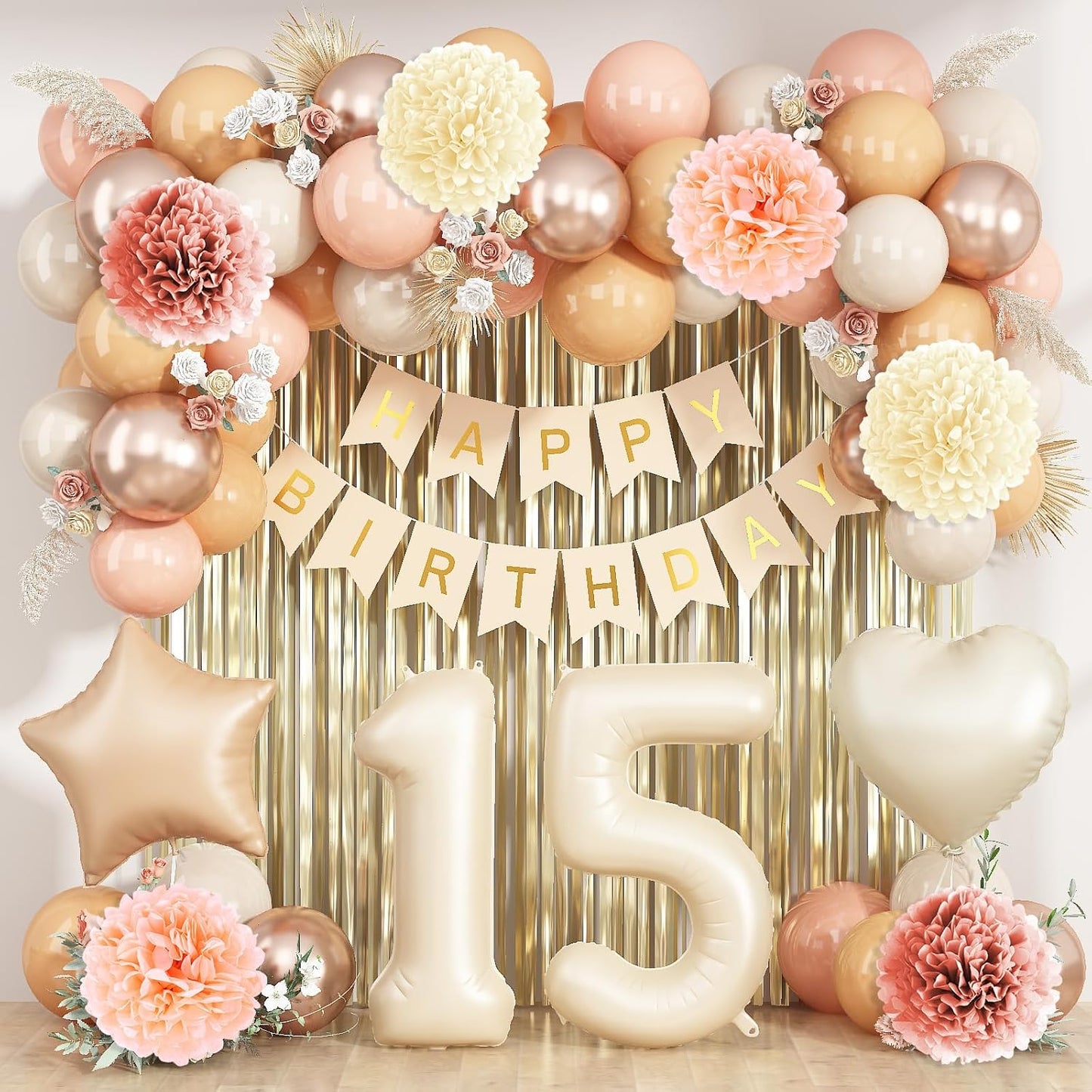 Beige 15th Birthday Decorations Girls Boys Cream Number 15 Balloon Nude Gold Happy Birthday Banner Fringe Curtain Paper Pom Poms Blush White Sand Champagne Star Foil Balloons Neutral Boho Party Decor