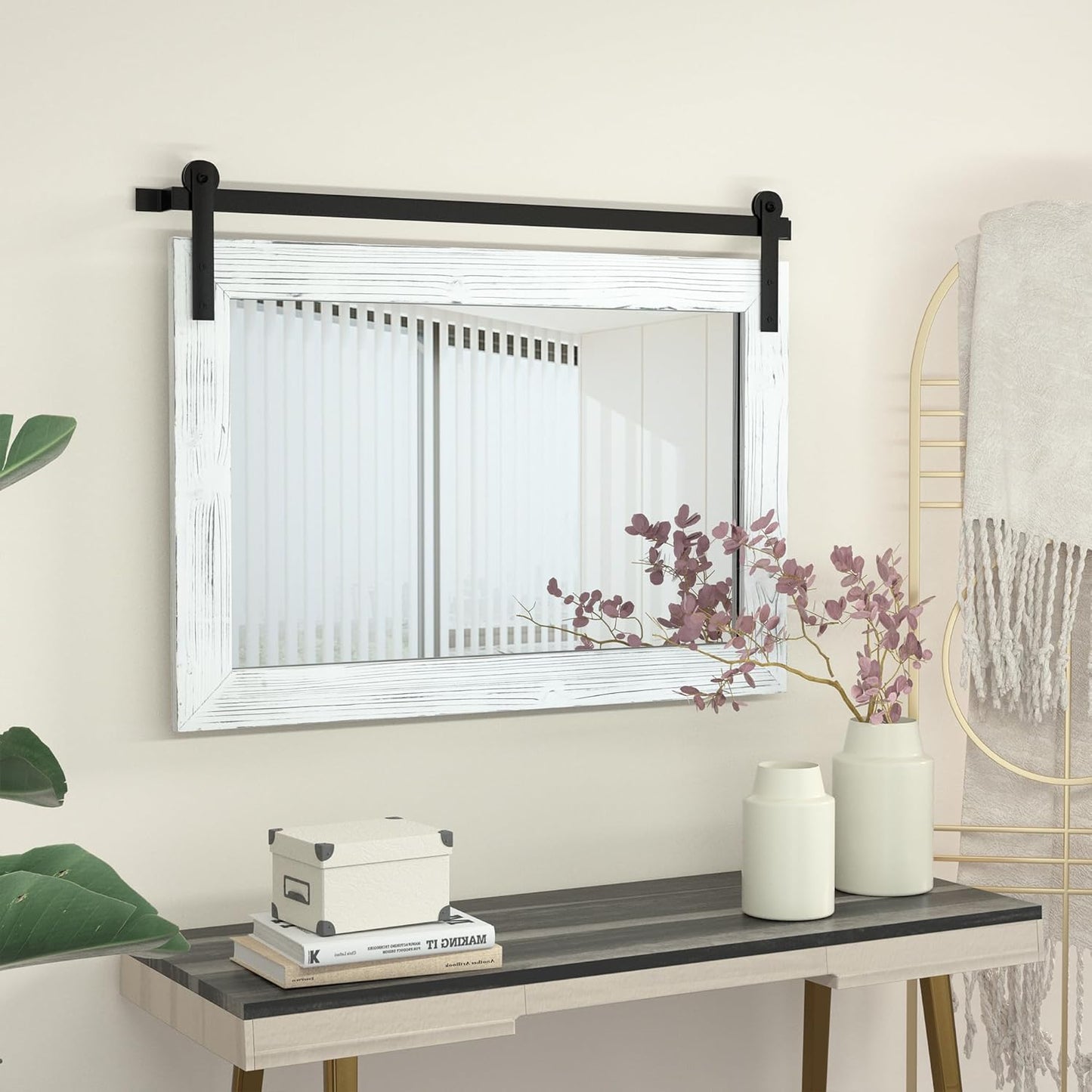 COGOOD Farmhouse Bathroom Mirror - 41" x 30" Rustic Barn Door Mirror for Living Room, Entryway, Bedroom, Vanity Wall Decor (White)