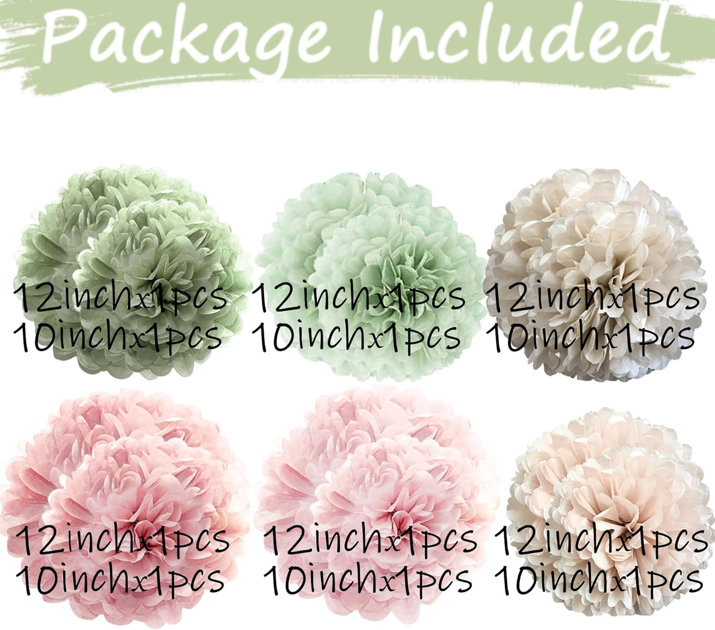 Tissue Paper Pom Poms Kit -Rose Pink and Sage Green Paper Flowers 12pieces for Gender Baby Shower Wedding Bridal Bachelorette Birthday Party Decorations (Green + Pink)