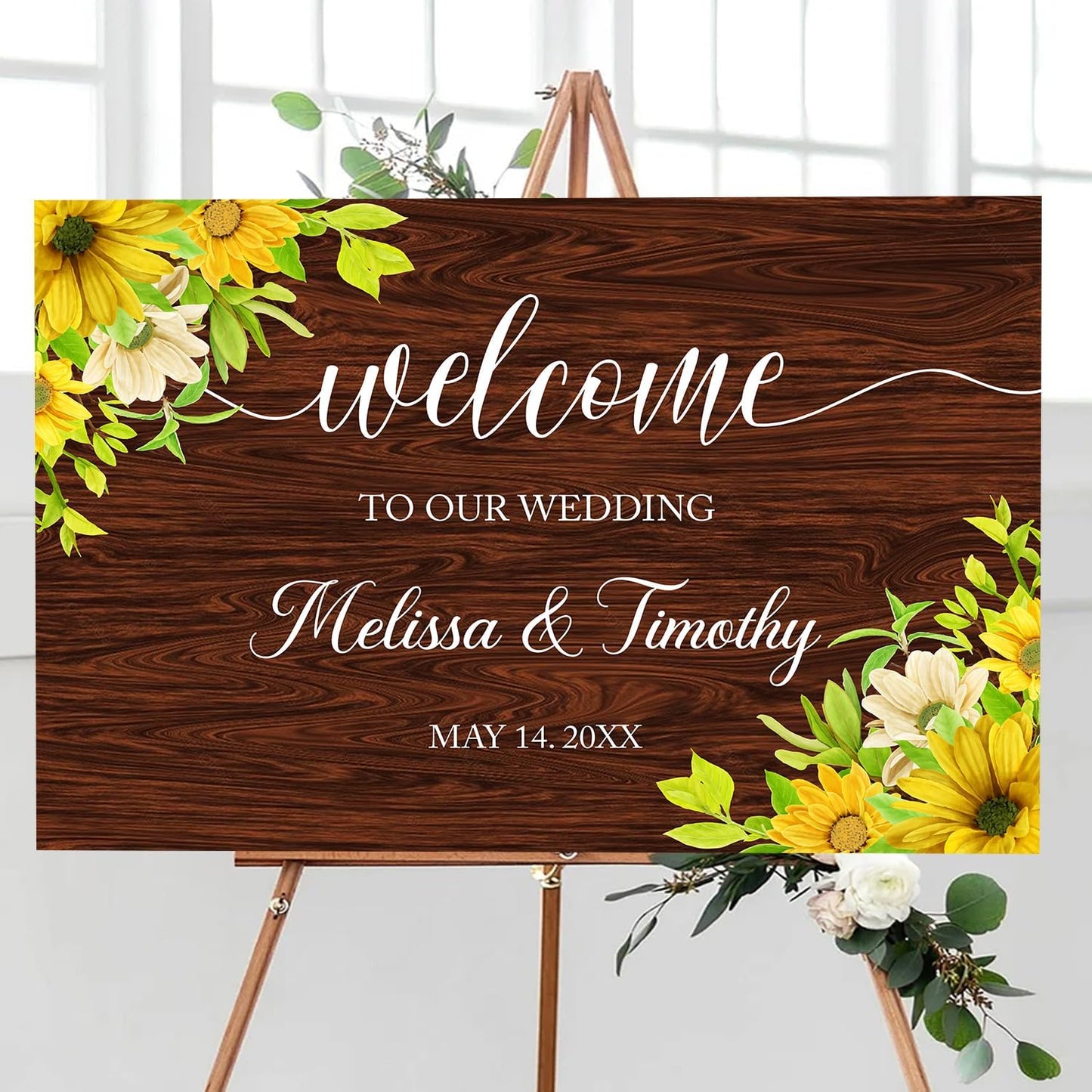 Rustic Sunflower Wedding Welcome Sign Template, Printable Wood-Inspired Welcome Sign with Watercolor Flowers for Ceremony or Reception Decoration