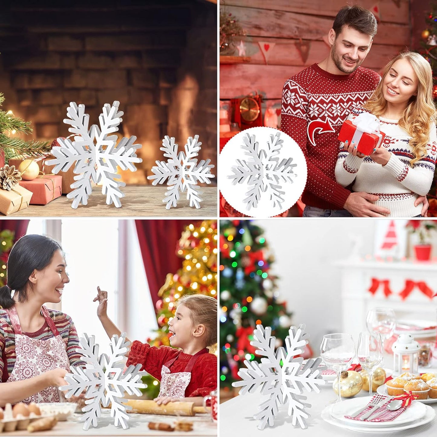 Bucherry 12 Pcs Wooden Snowflake Table Decor 3D Snowflake Tabletop Signs and Centerpiece for Christmas Xmas Winter Wonderland Decorations Home Party(White)