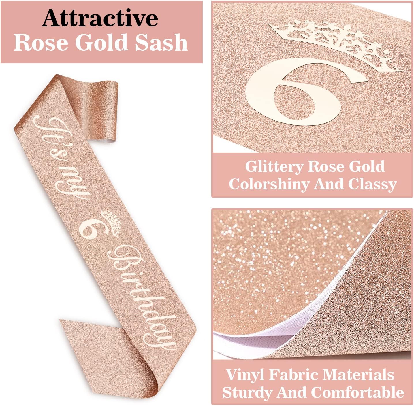 6th Birthday Decorations for Girl Including Sash, Crown, Numeral Candle and Cake Topper, 6 Year Old Birthday Decorations Rose Gold Party Favor Supplies