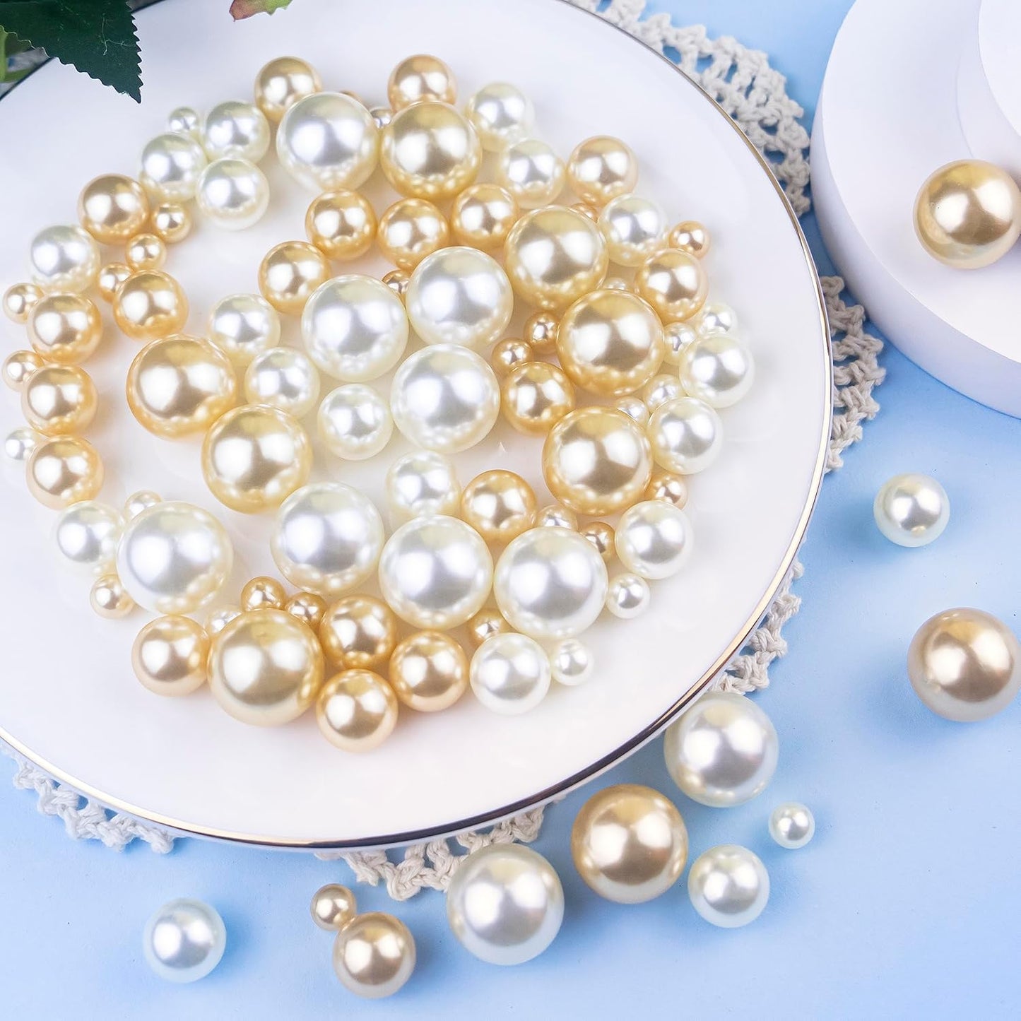 150Pcs Cream&Gold Polished No Hole Faux Pearl Beads for Vase Filling Decorations, Plastic Pearls Vase Fillers, Table Scatters, Wedding Centerpiece, Home Decor, 8/14/20 mm