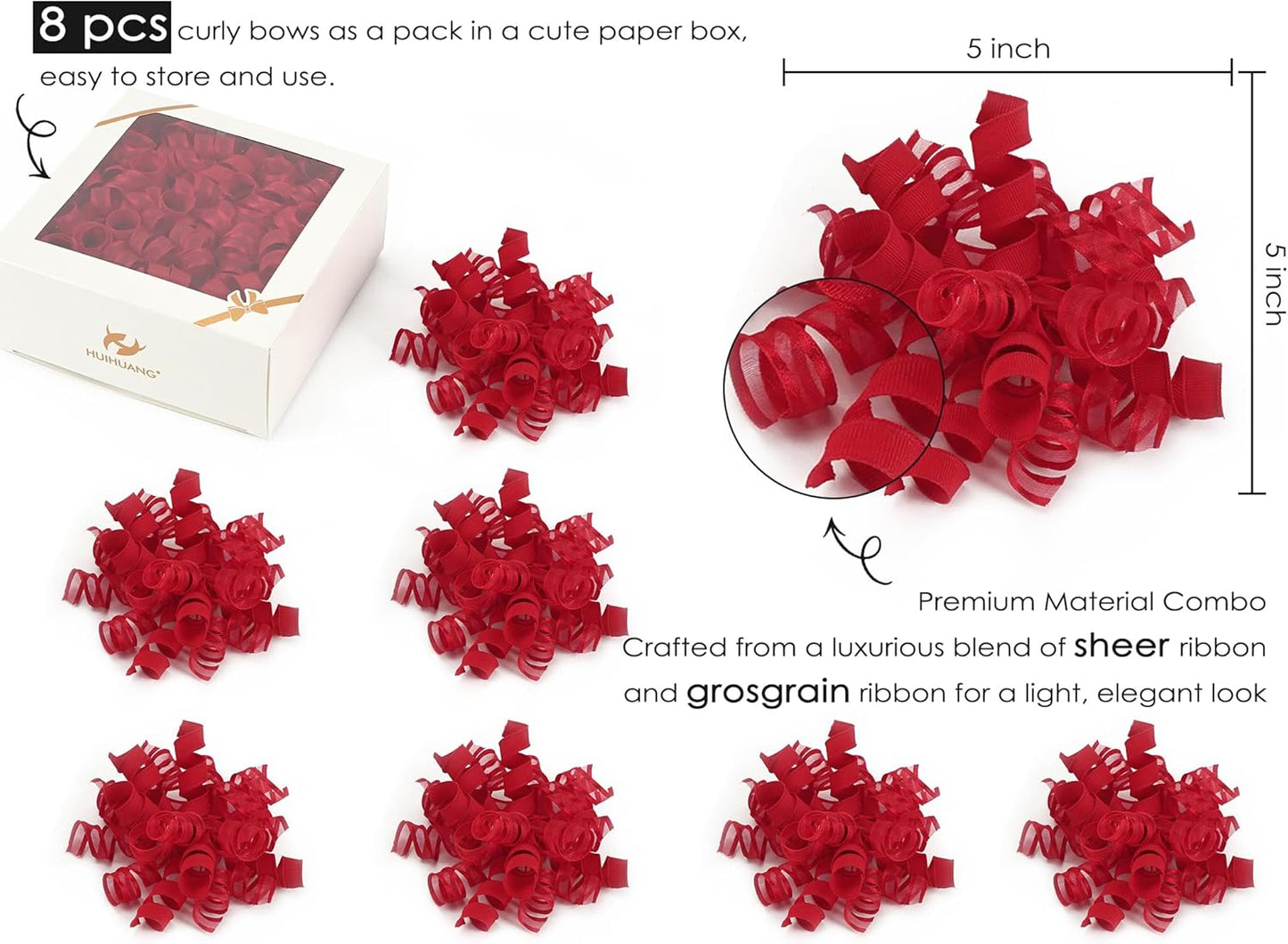 HUIHUANG Red Bows for Gift Wrapping Christmas Gift Bows 5 inch x 8 Counts Self-Adhesive Curly Ribbon Bow for Presents, Paper Bag, Party Favors, Wrapping Accessories, Holiday Wedding Decoration