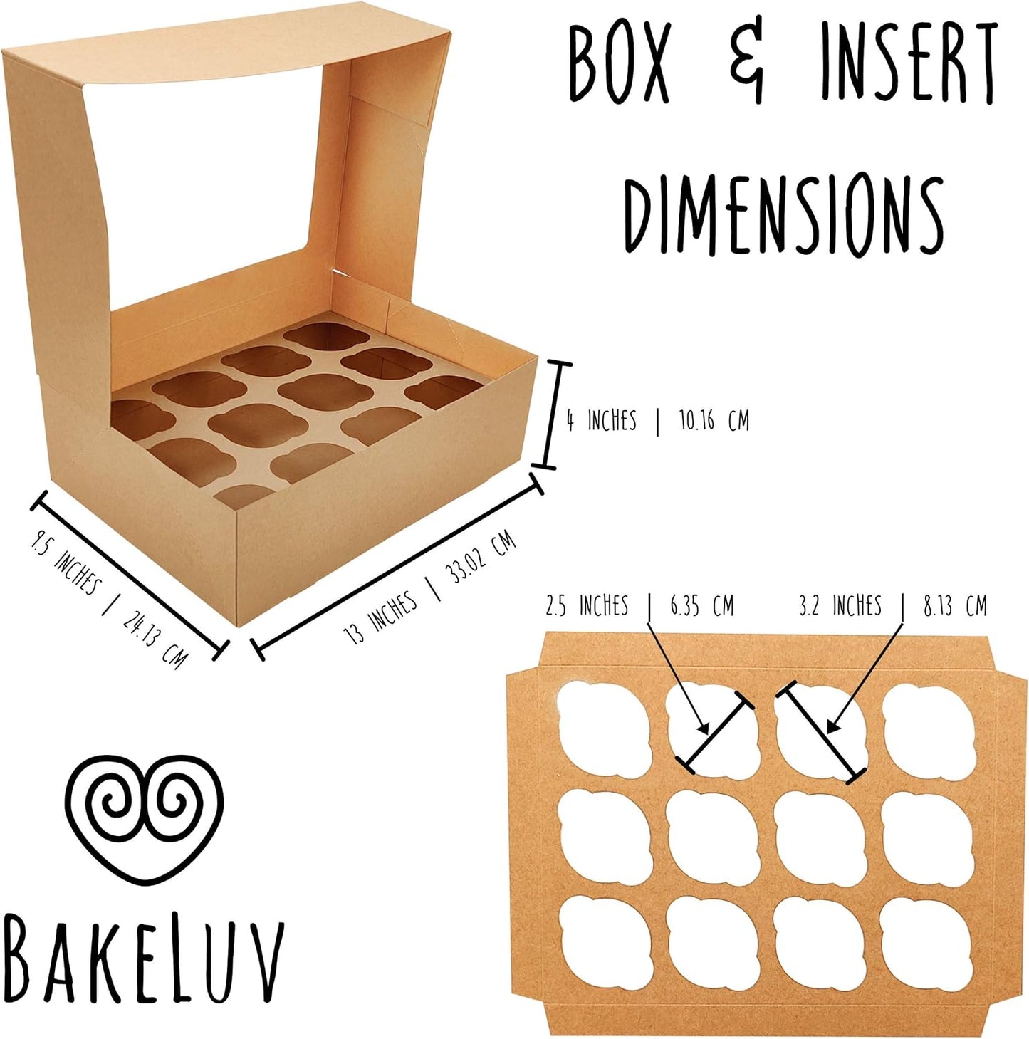 BAKELUV Brown 12 Cupcake Boxes, Cupcake Containers | 13x9.5x4, 25 Pack | 12 Cupcake Box Bulk, Cupcake Boxes 12 Count Carrier, Option to 14x10x4 Bakery Boxes with Window, ¼ Sheet Cake Box 13x9 Inches