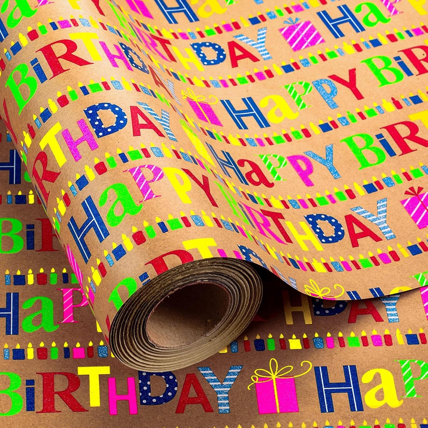 Yarcony Kraft Birthday Wrapping Paper Mini Roll, Gift Wrapping Paper, Heavyweight Brown Colorful Text Happy Birthday Gift Wrap Thick Paper for Present Packaging, Hioliday, All Age (17 Inch X 33 Feet)