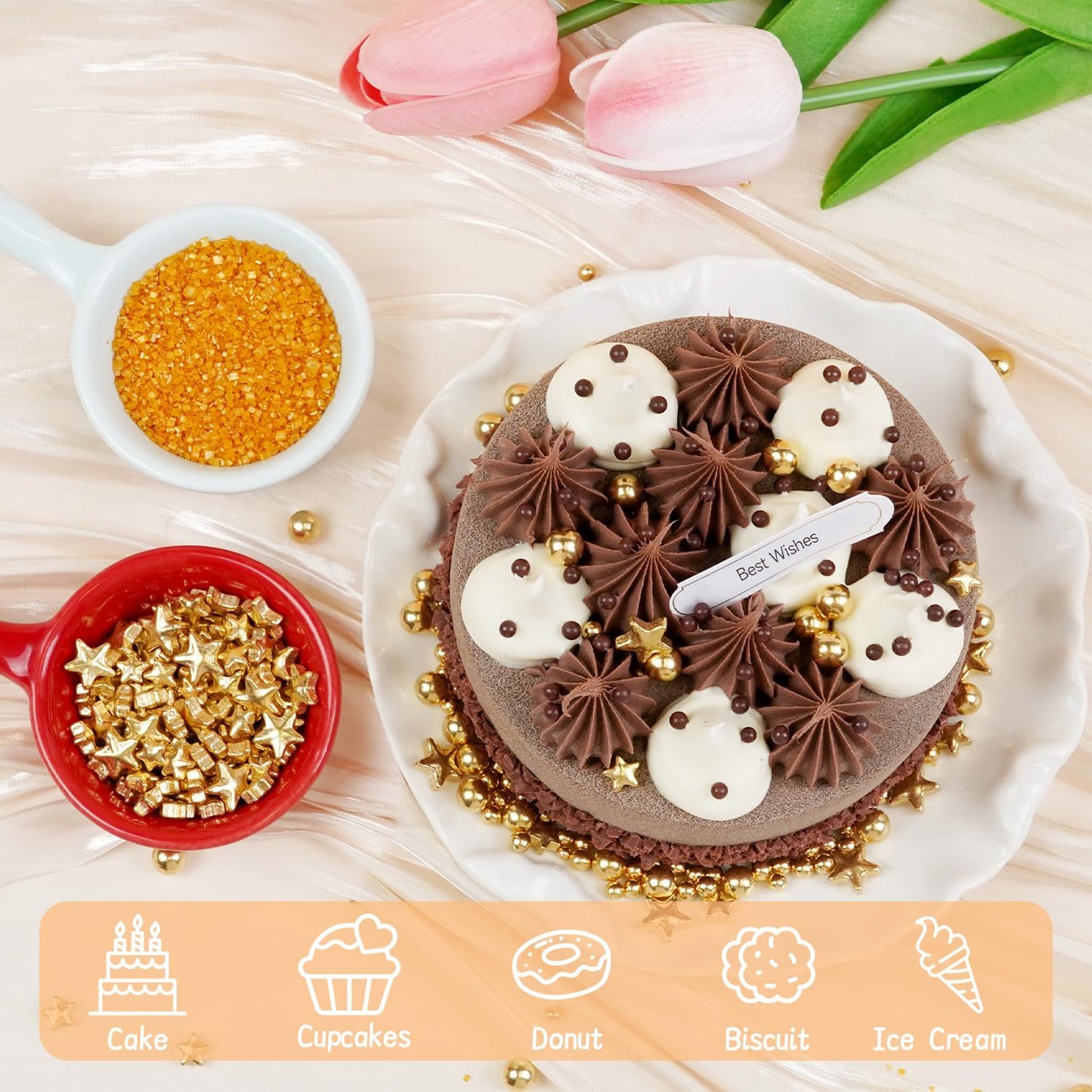 Edible Gold Pearl Sprinkles for Cake Decorating, Gold Sugar Sanding and Star Sprinkles for Cupcake, Cookie, Baking Cake Decorations, 160g/5.64oz, Holiday, Wedding Party, Christmas Supplies