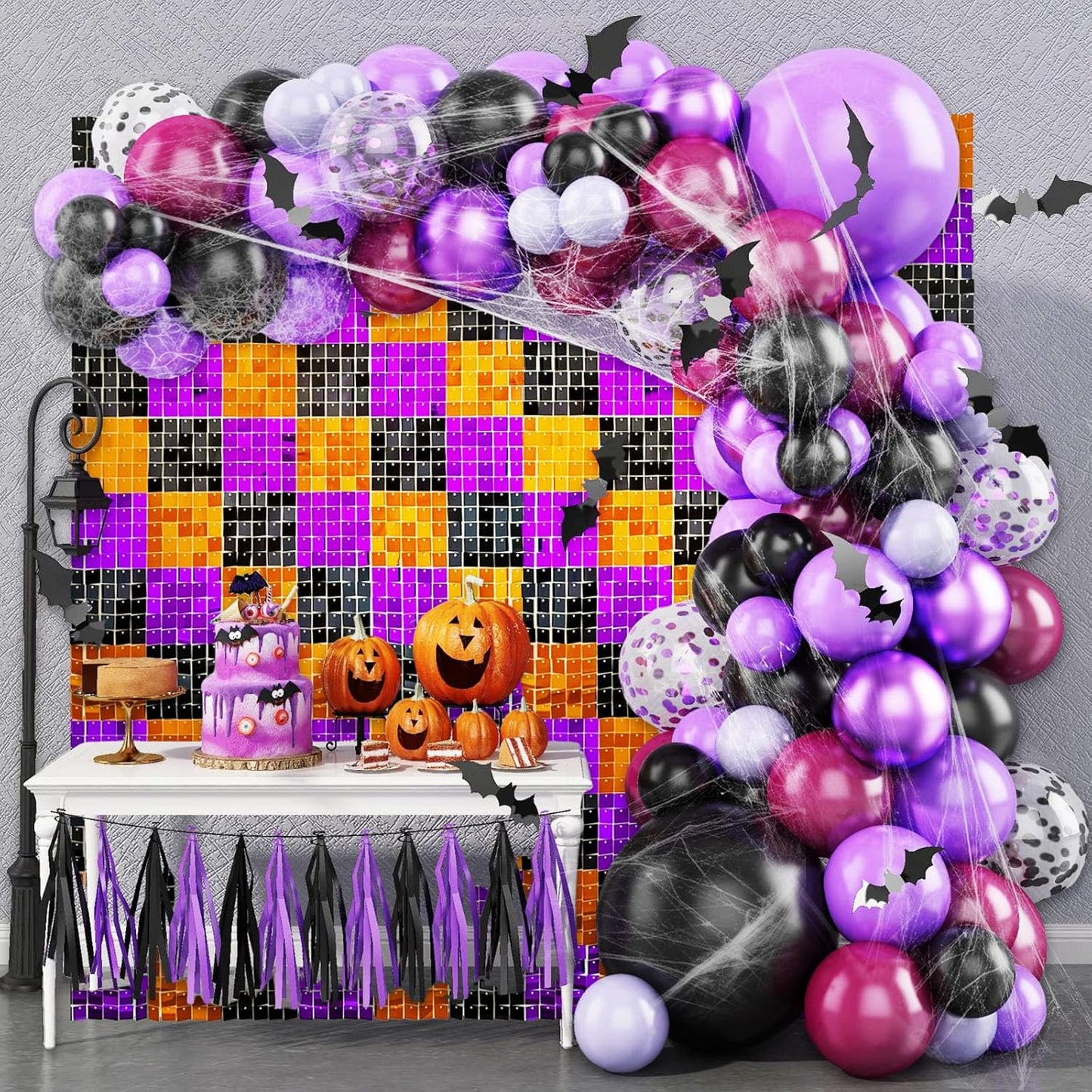 24PCS Black Orange Purple Shimmer Wall Backdrop, Halloween Square Sequin Photo Backdrops Panel, Glitter Wall Background for Birthdays, Weddings, Halloween Party Decor (4FTx6FT)