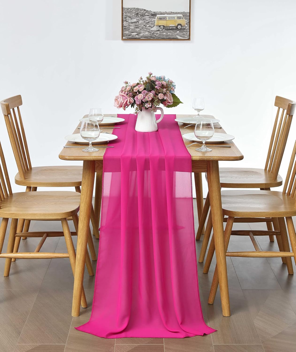 2 Pack 10Ft Fuchsia Chiffon Table Runner Sheer 29x120 Inch for Romantic Wedding Decor Bridal & Baby Shower Birthday Rustic Party Decoration
