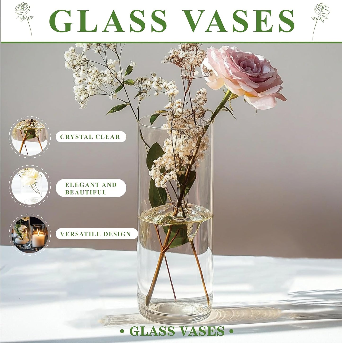 60pcs Cylinder Glass Vase for Centerpieces, 4,6,7.5,8,10 inch Tall Clear Flower Vase Bulk Floating Candle Holder for Wedding Table Home Décor and Party